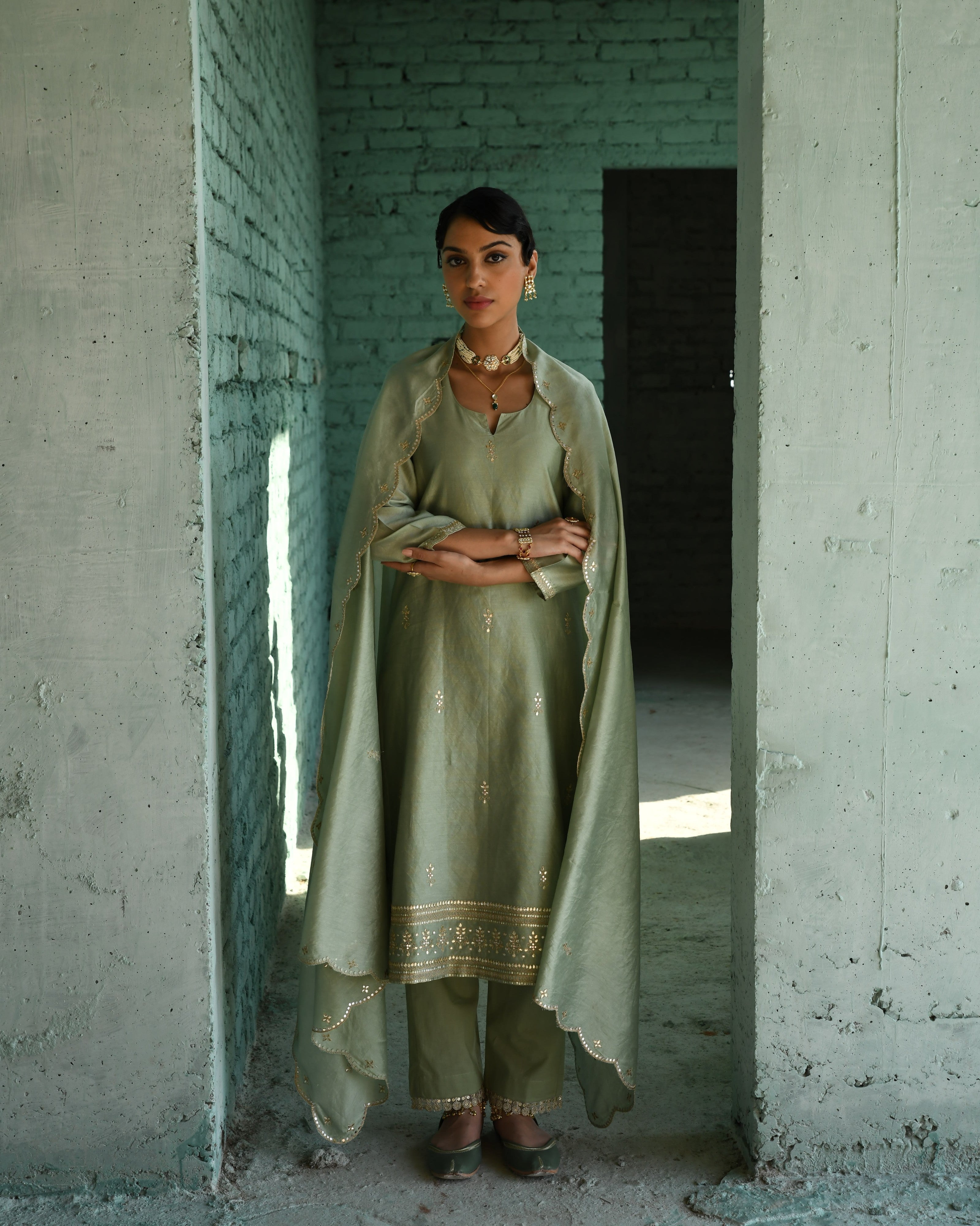 PISTA GREEN EMBROIDERED CHANDERI KURTA SET