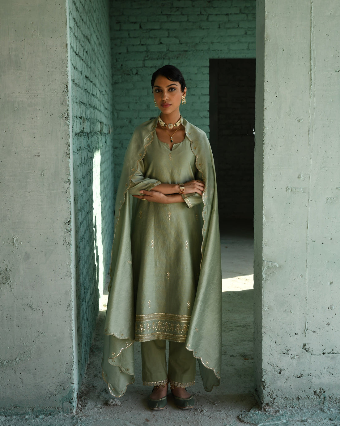 PISTA GREEN EMBROIDERED CHANDERI KURTA SET