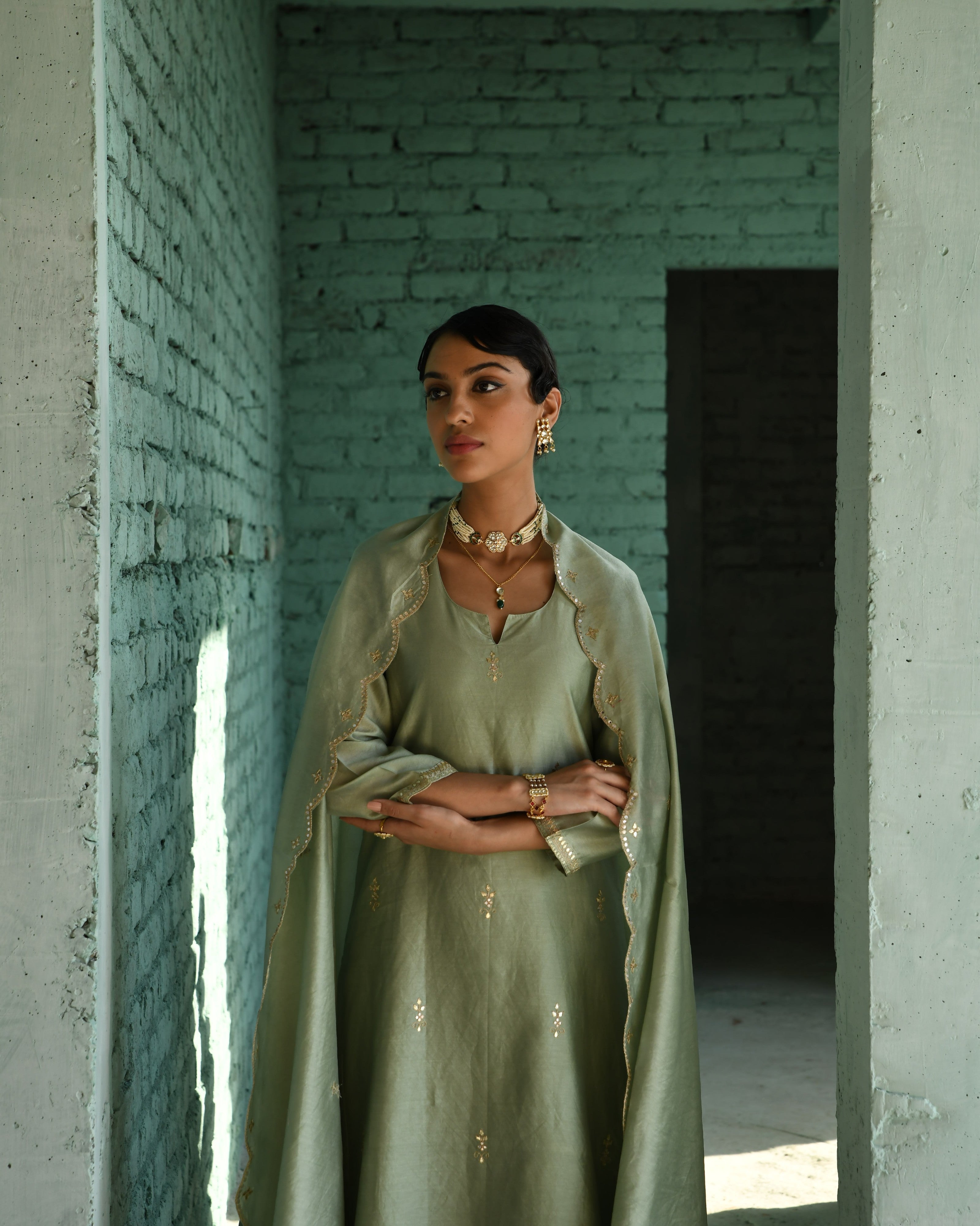 PISTA GREEN EMBROIDERED CHANDERI KURTA SET