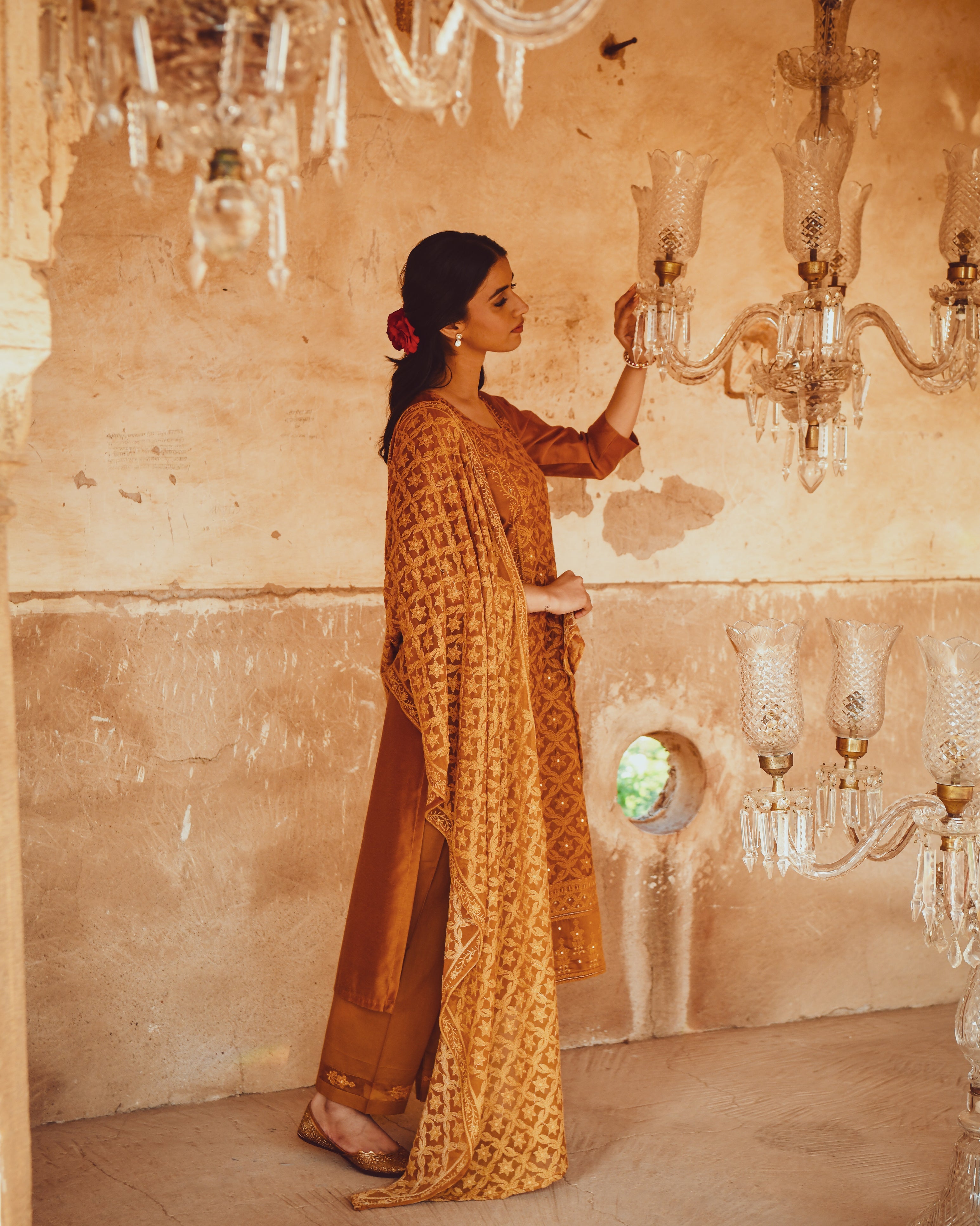 JASHN MUSTARD CHIKANKARI EMBROIDERED KURTA WITH SPLASHED MOTIF