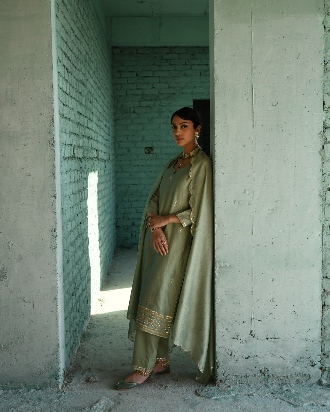 PISTA GREEN EMBROIDERED CHANDERI KURTA SET
