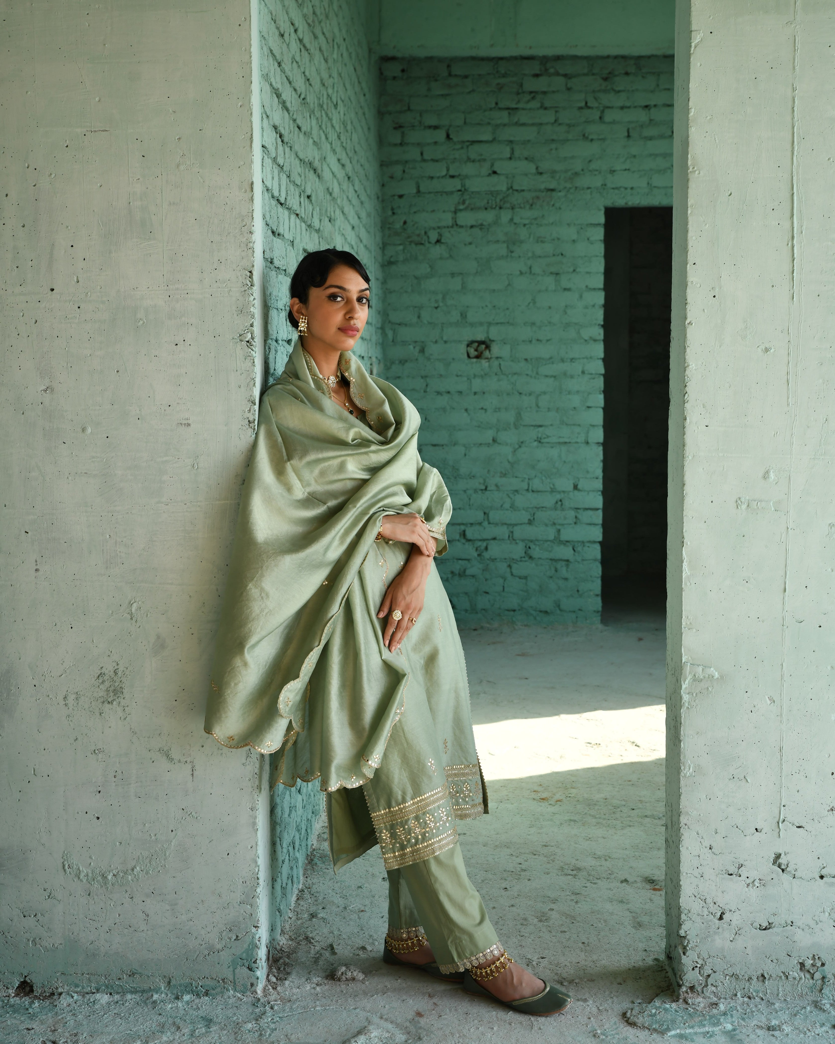 PISTA GREEN EMBROIDERED CHANDERI KURTA SET