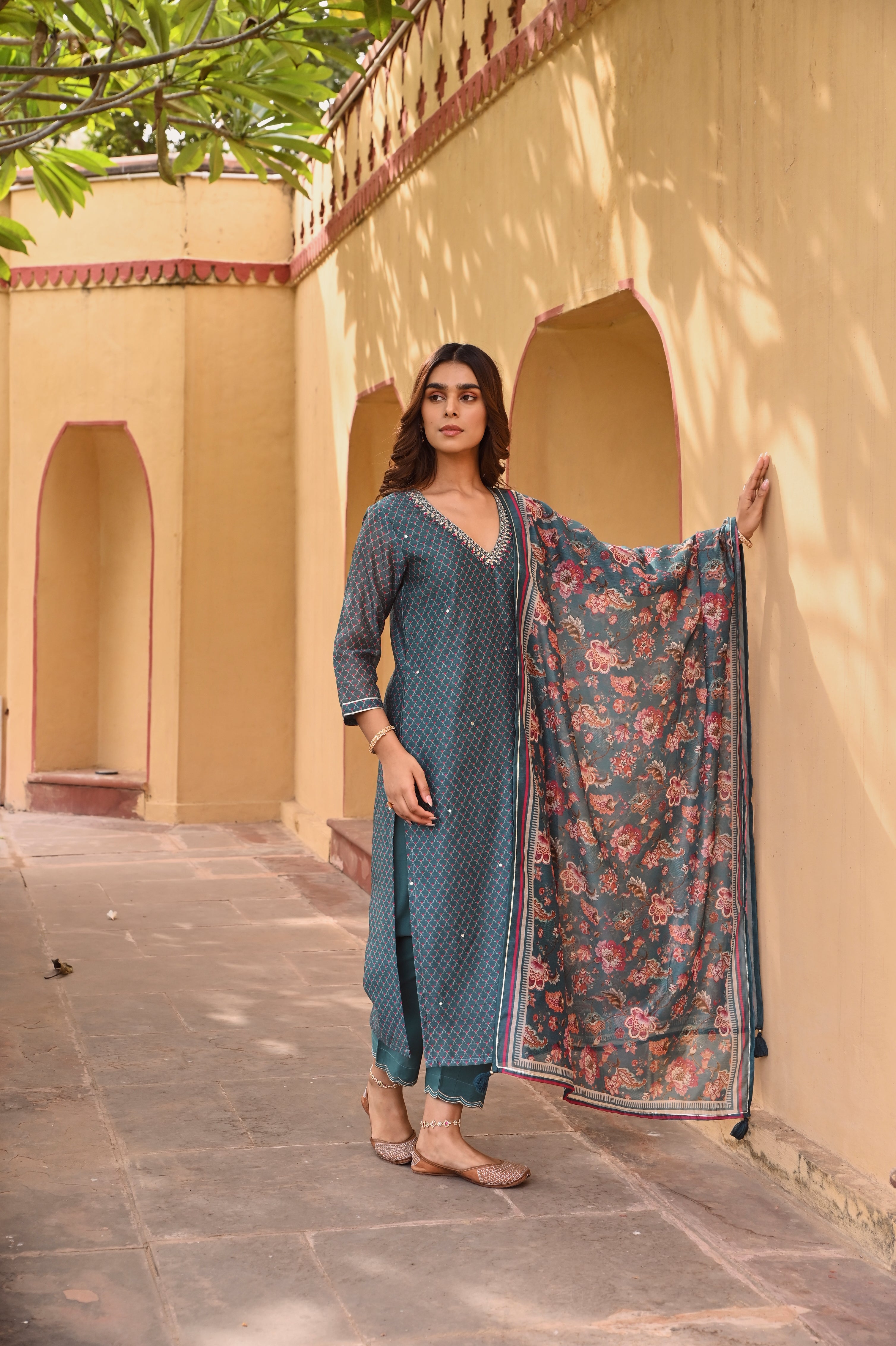 V-NECK TEAL GREEN CHANDERI KURTA SET