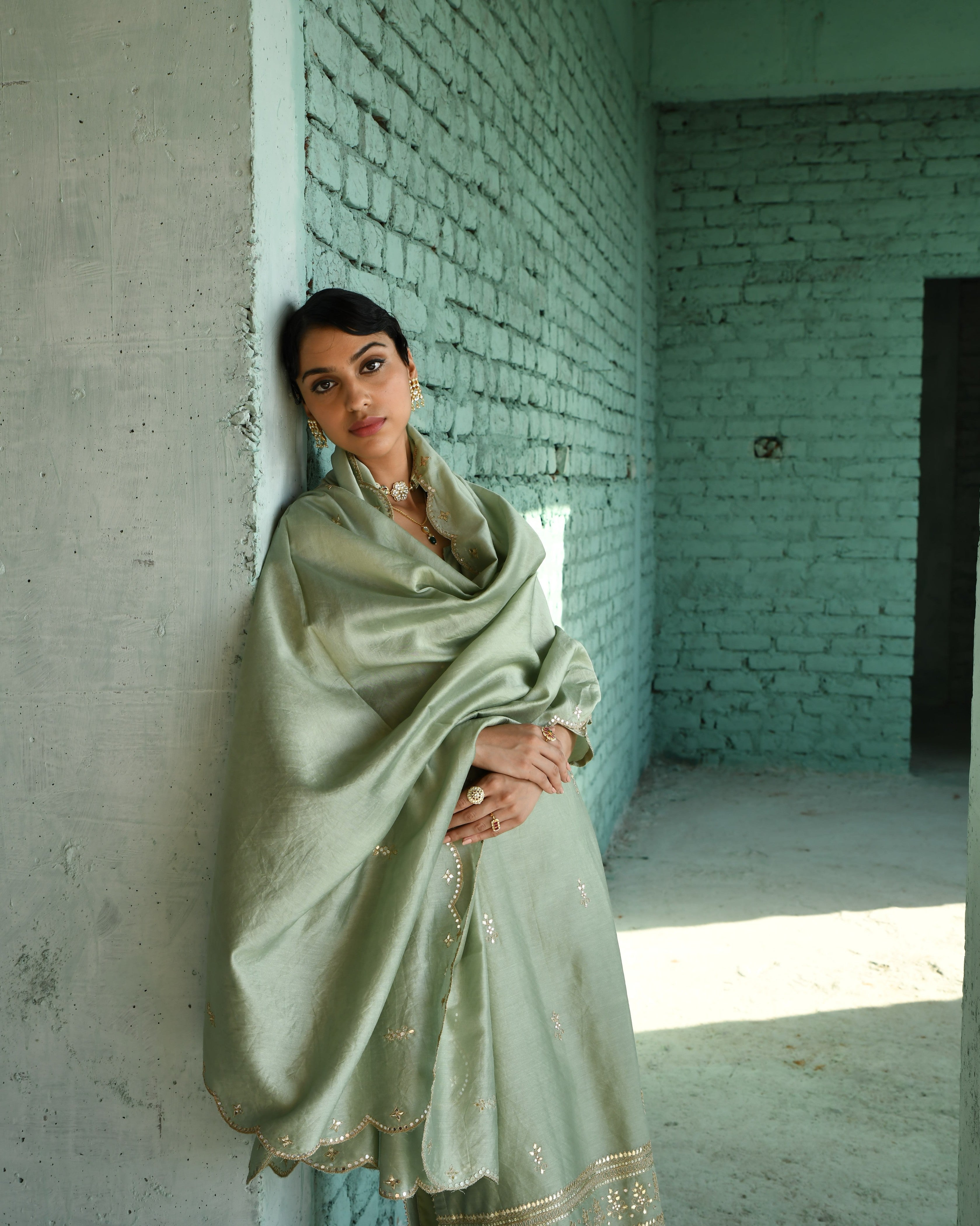 PISTA GREEN EMBROIDERED CHANDERI KURTA SET