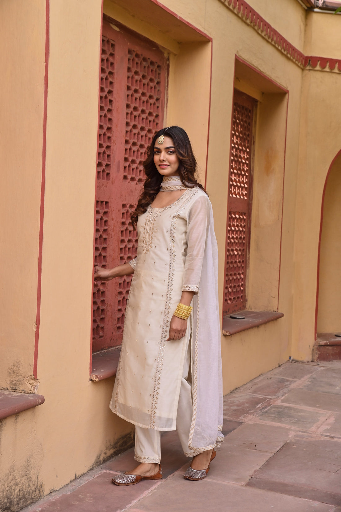 CREAM CHANDERI KURTA SET