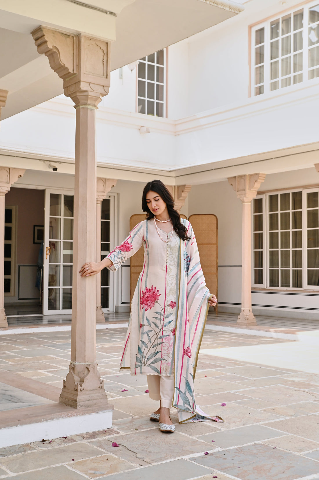 LIGHT CREAM PRINTED KURTA SET