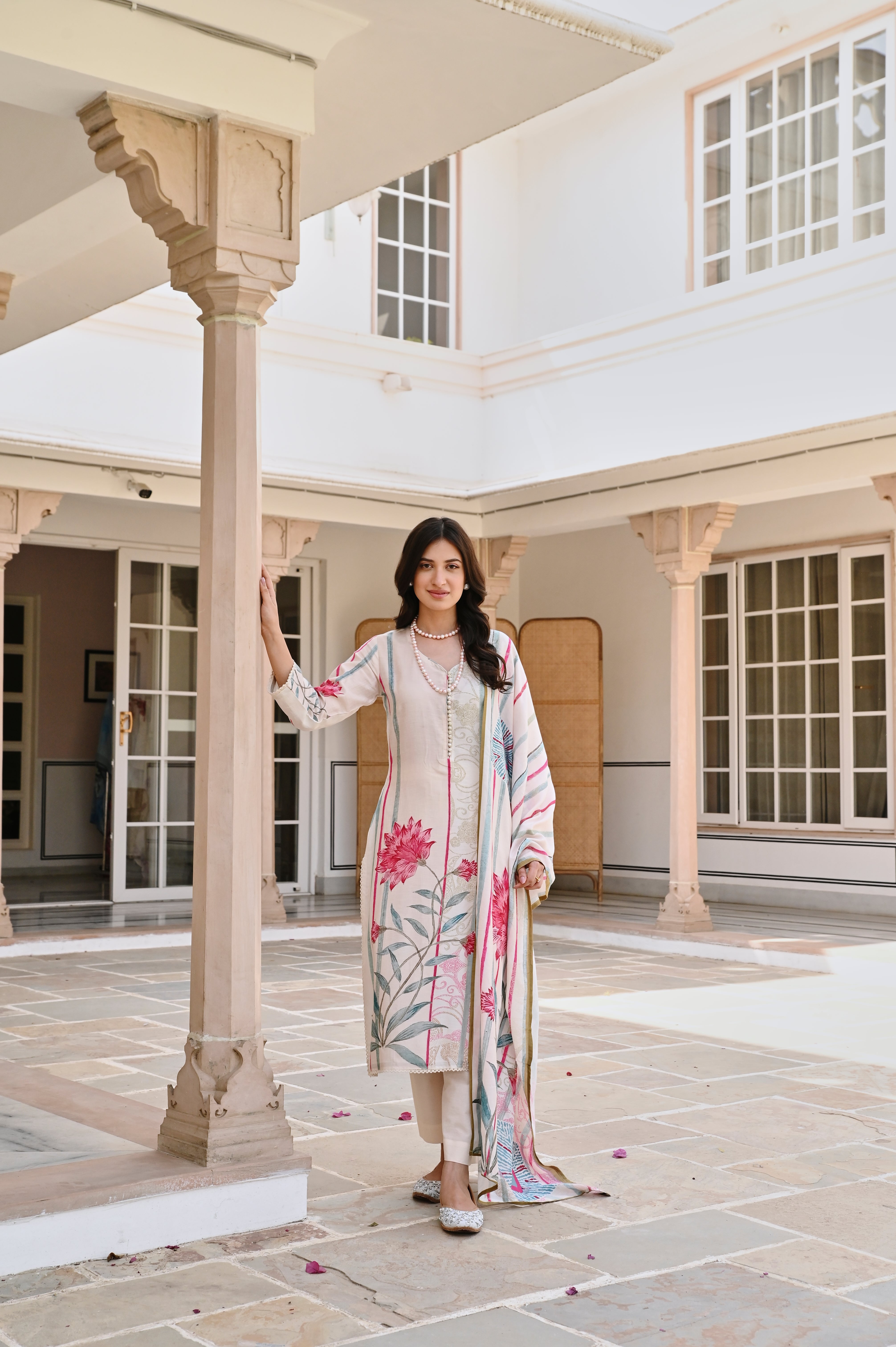 LIGHT CREAM PRINTED KURTA SET