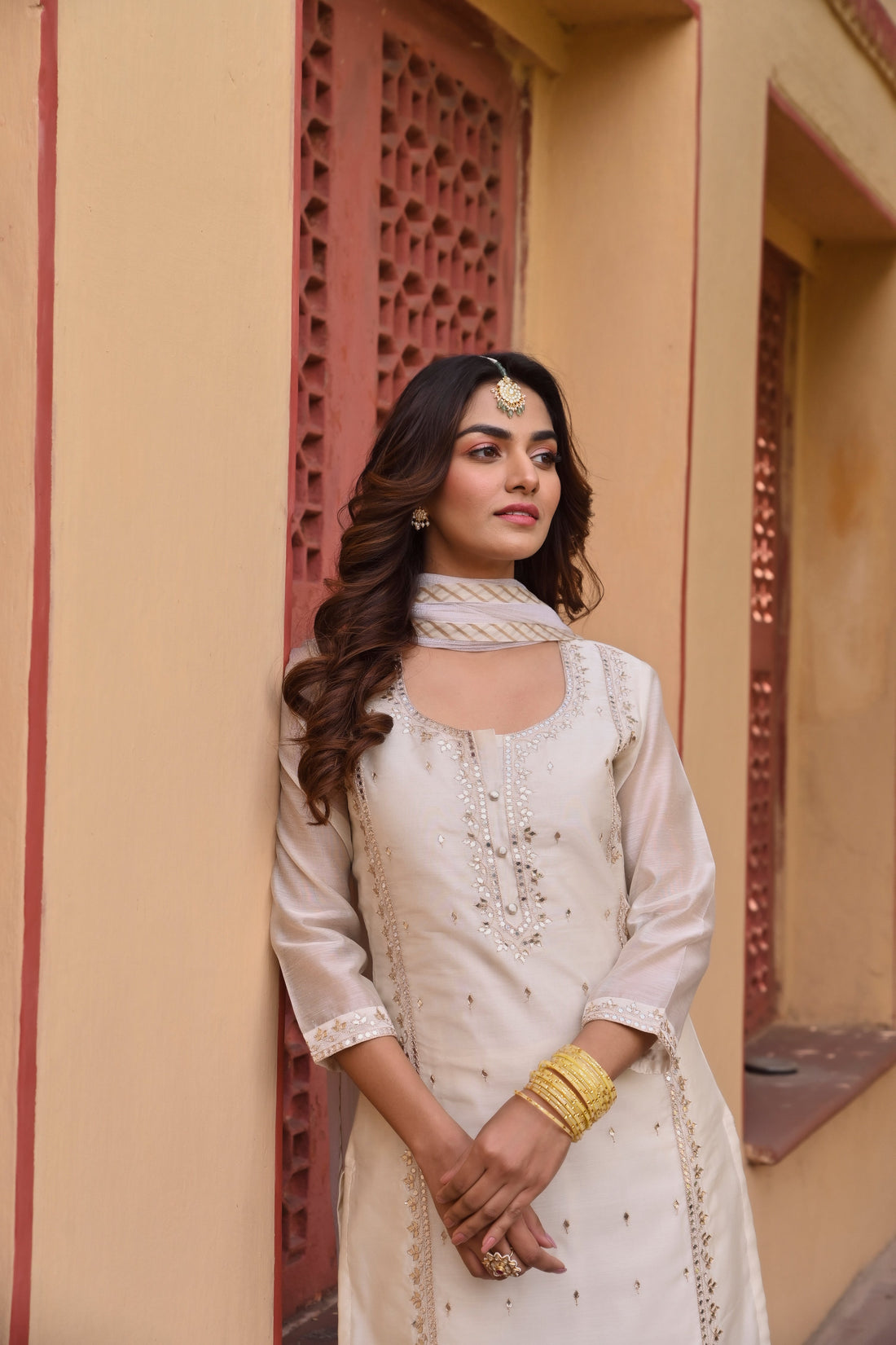 CREAM CHANDERI KURTA SET