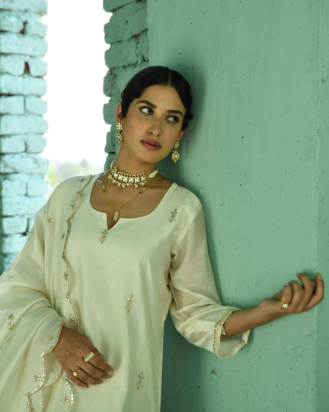 CREAM EMBROIDERED CHANDERI KURTA SET