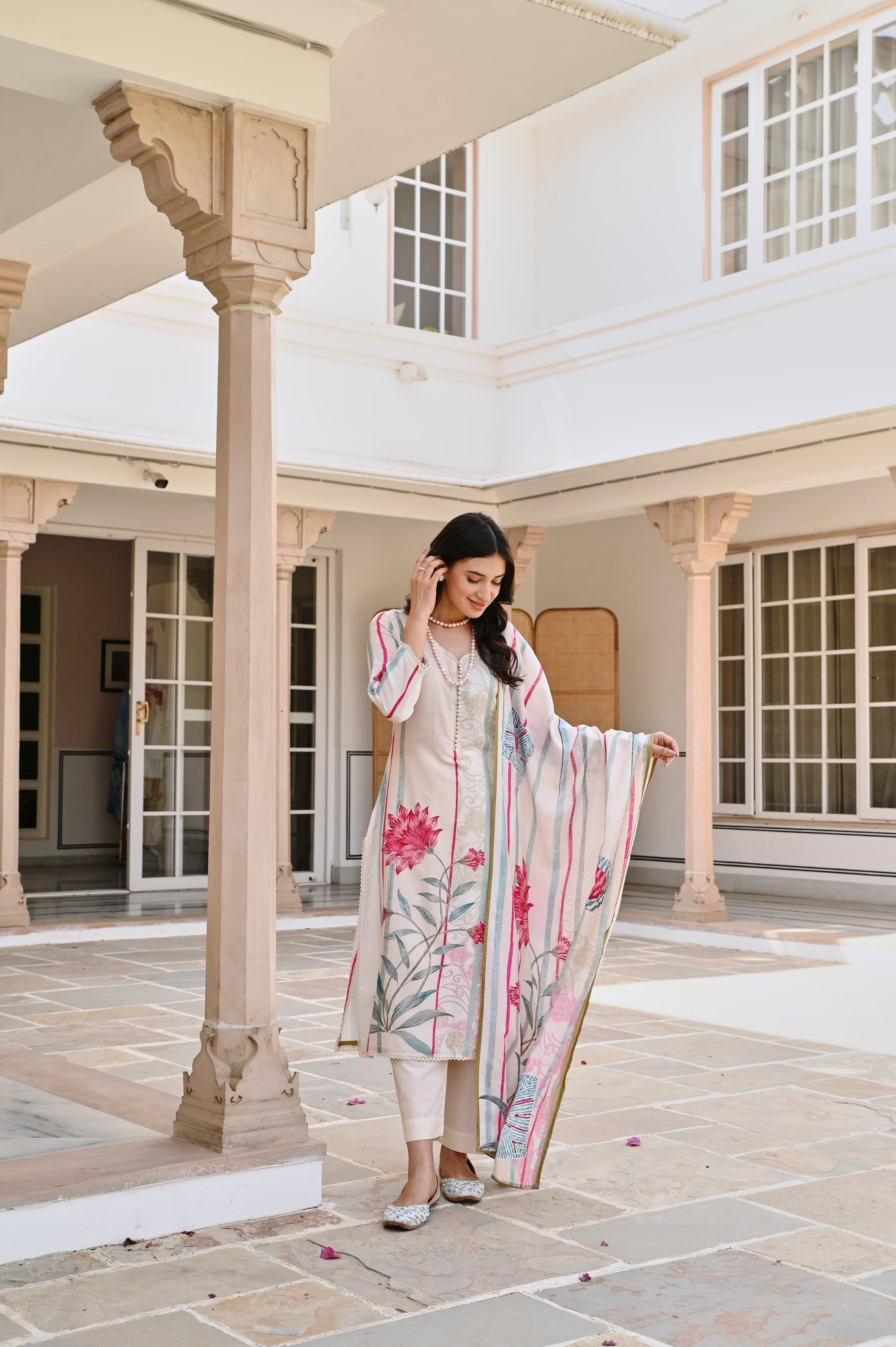 LIGHT CREAM PRINTED KURTA SET