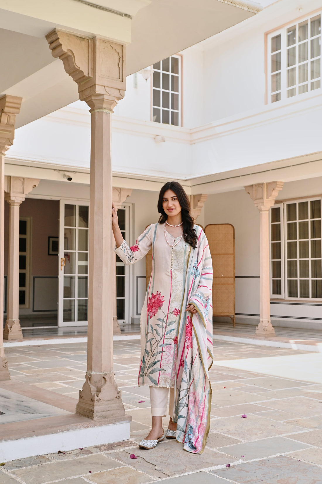 LIGHT CREAM PRINTED KURTA SET