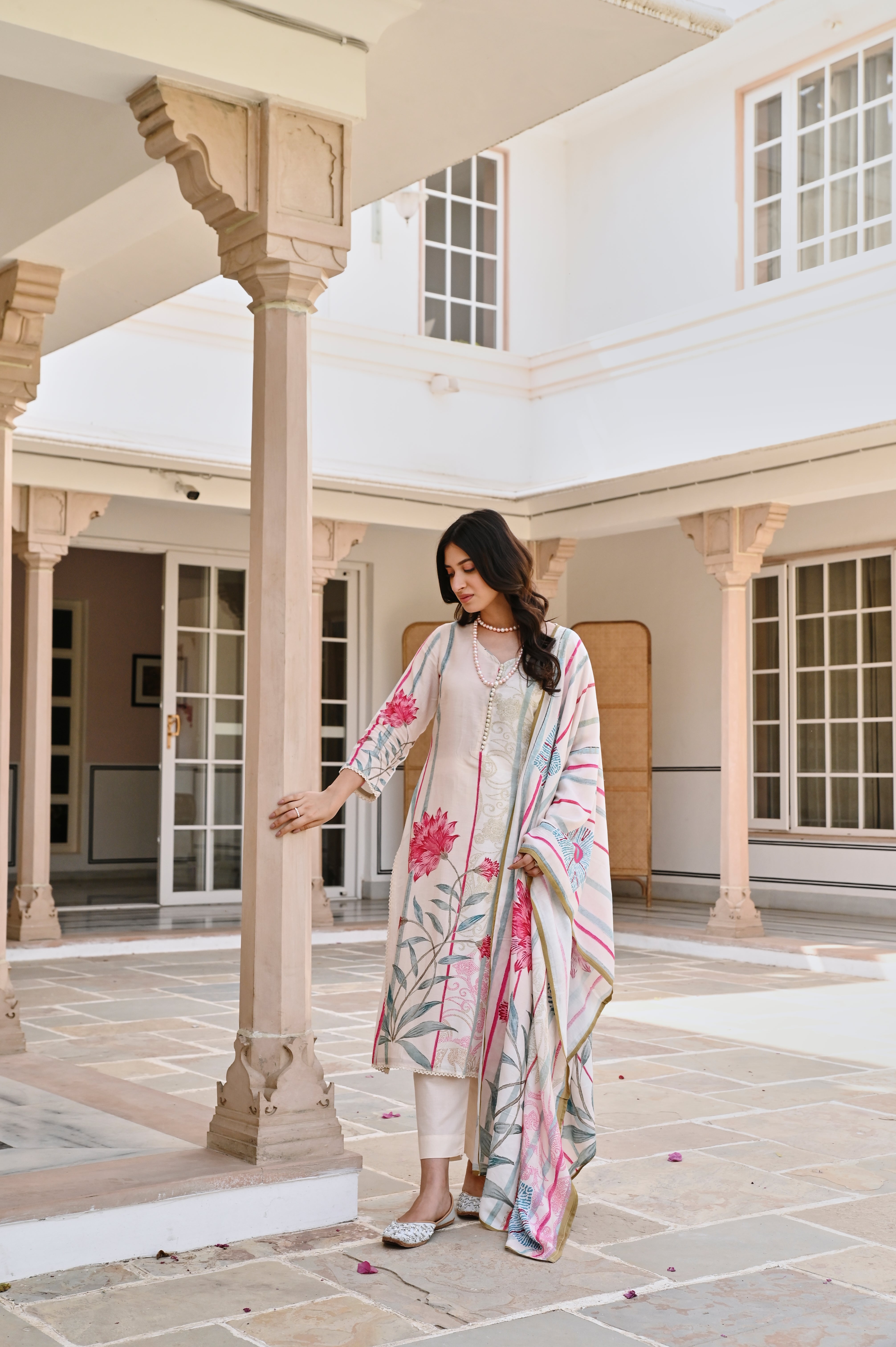 LIGHT CREAM PRINTED KURTA SET
