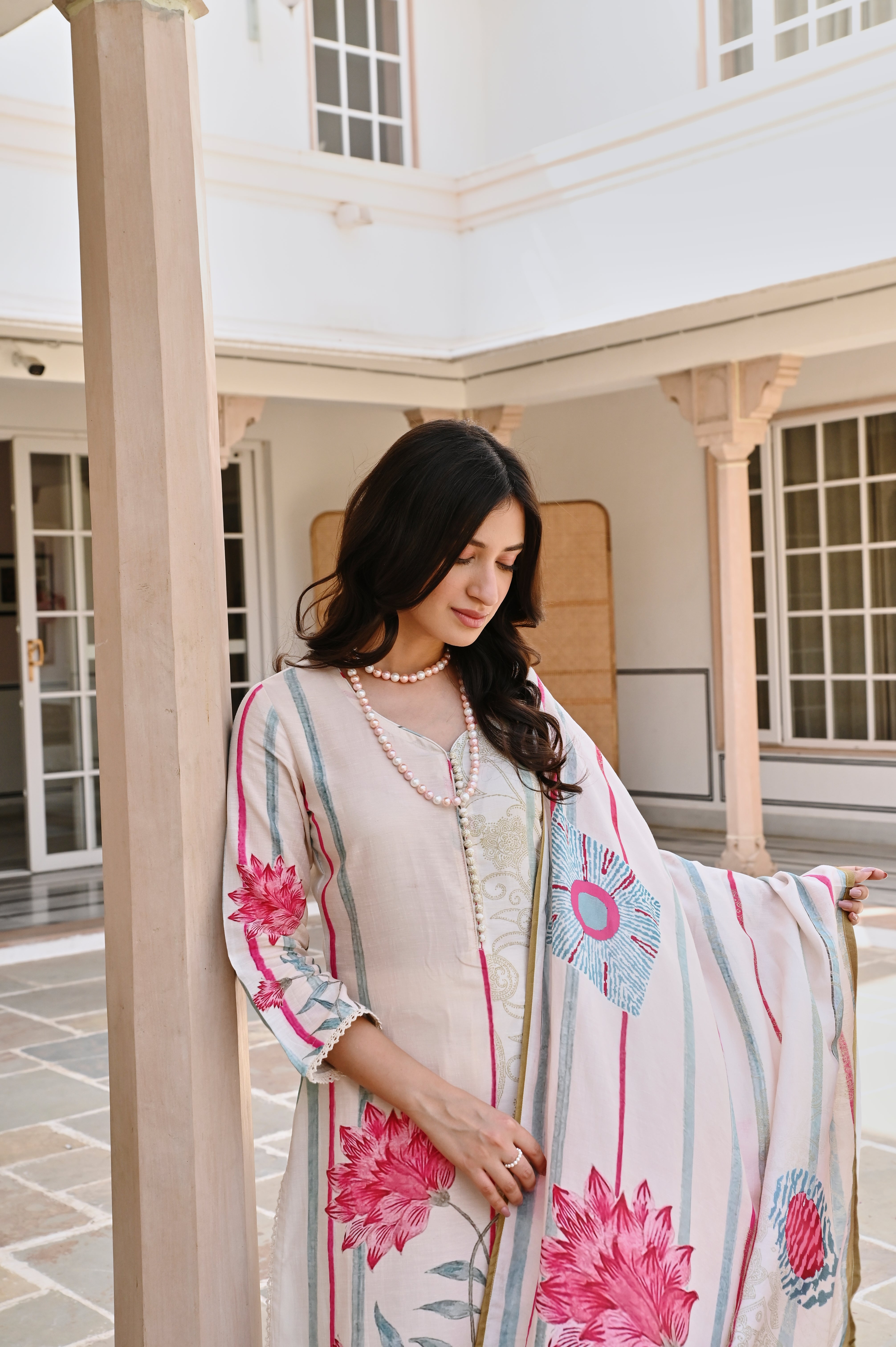 LIGHT CREAM PRINTED KURTA SET