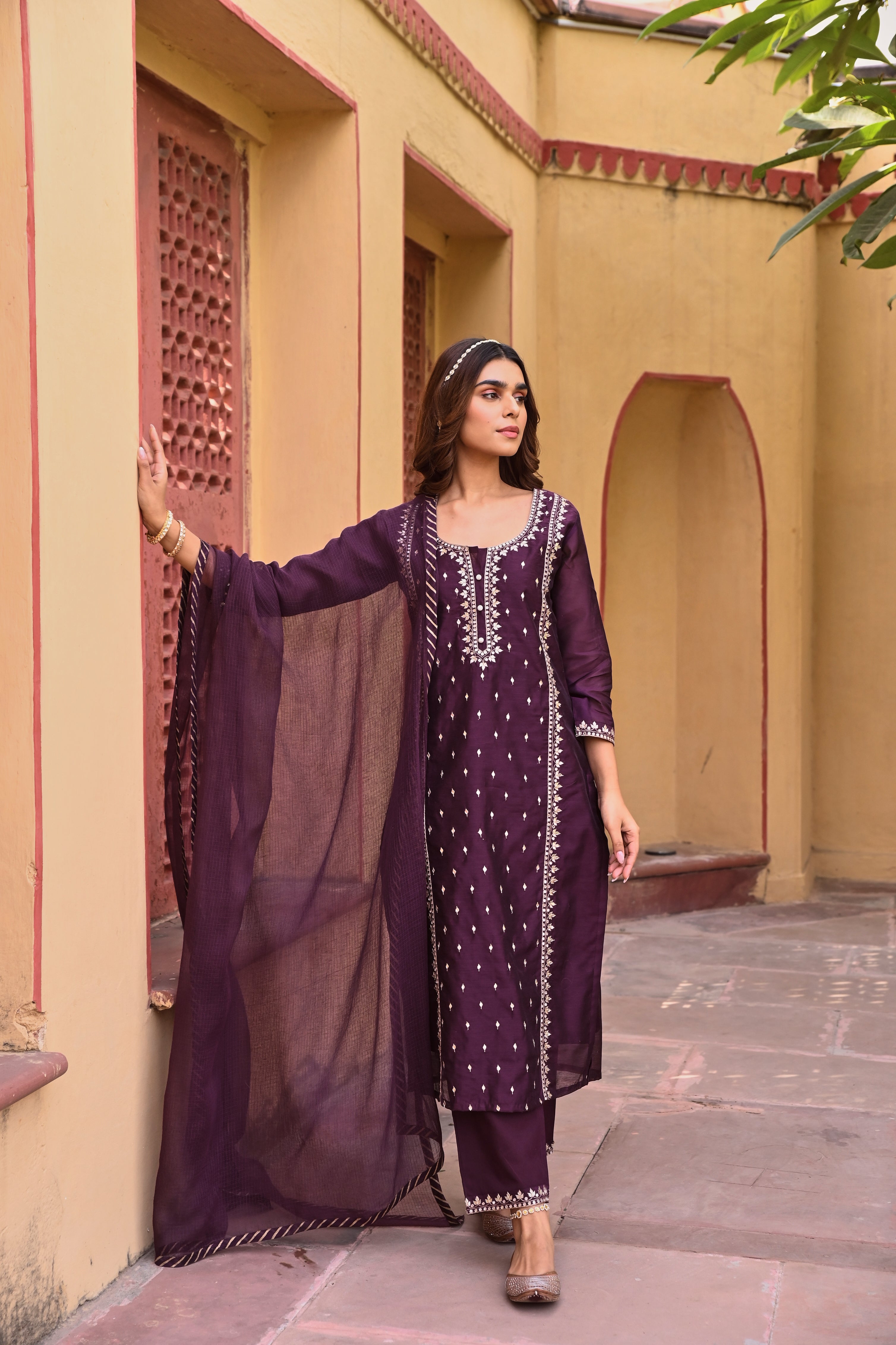 DEEP PURPLE CHANDERI KURTA SET