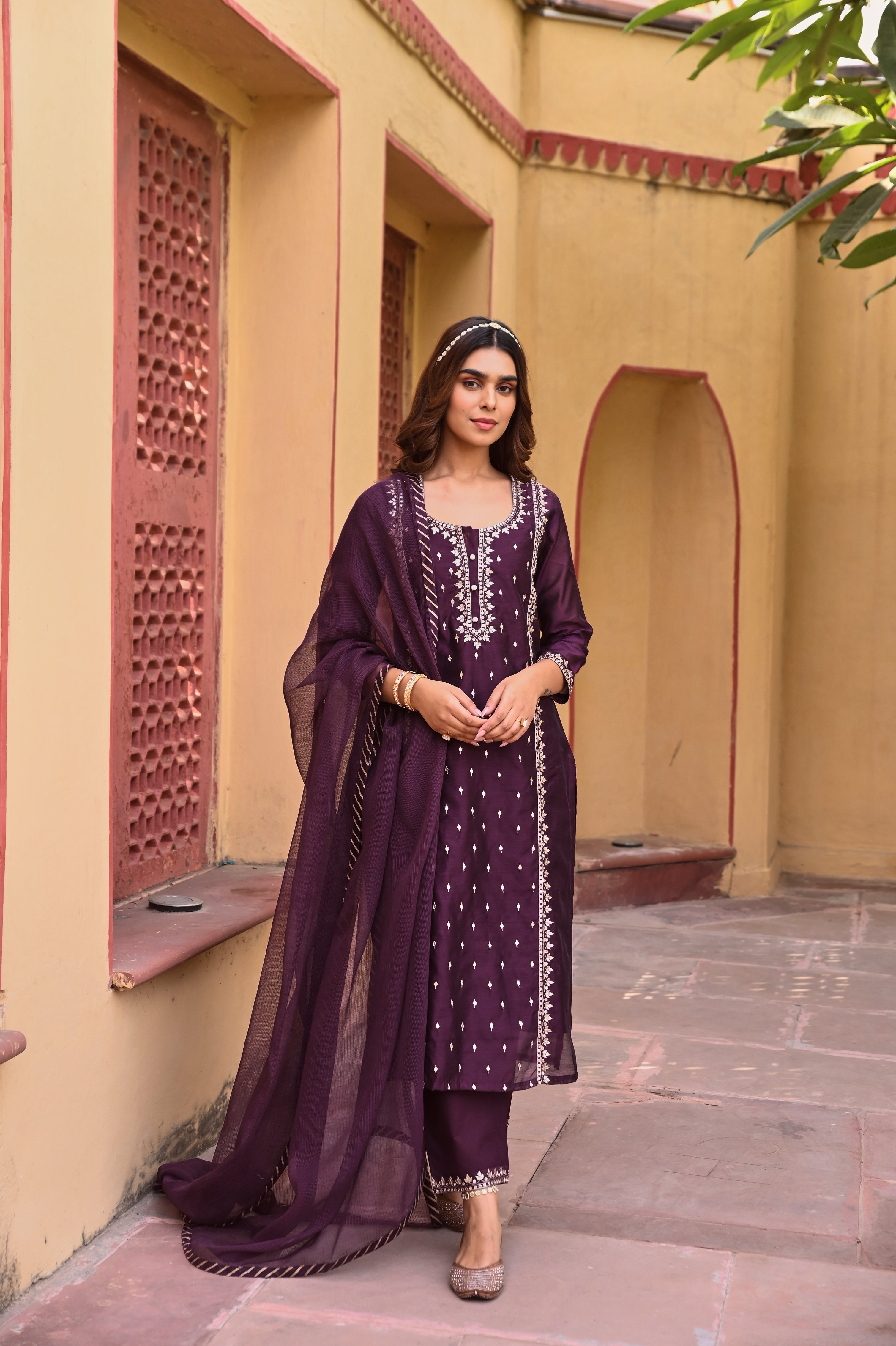 DEEP PURPLE CHANDERI KURTA SET