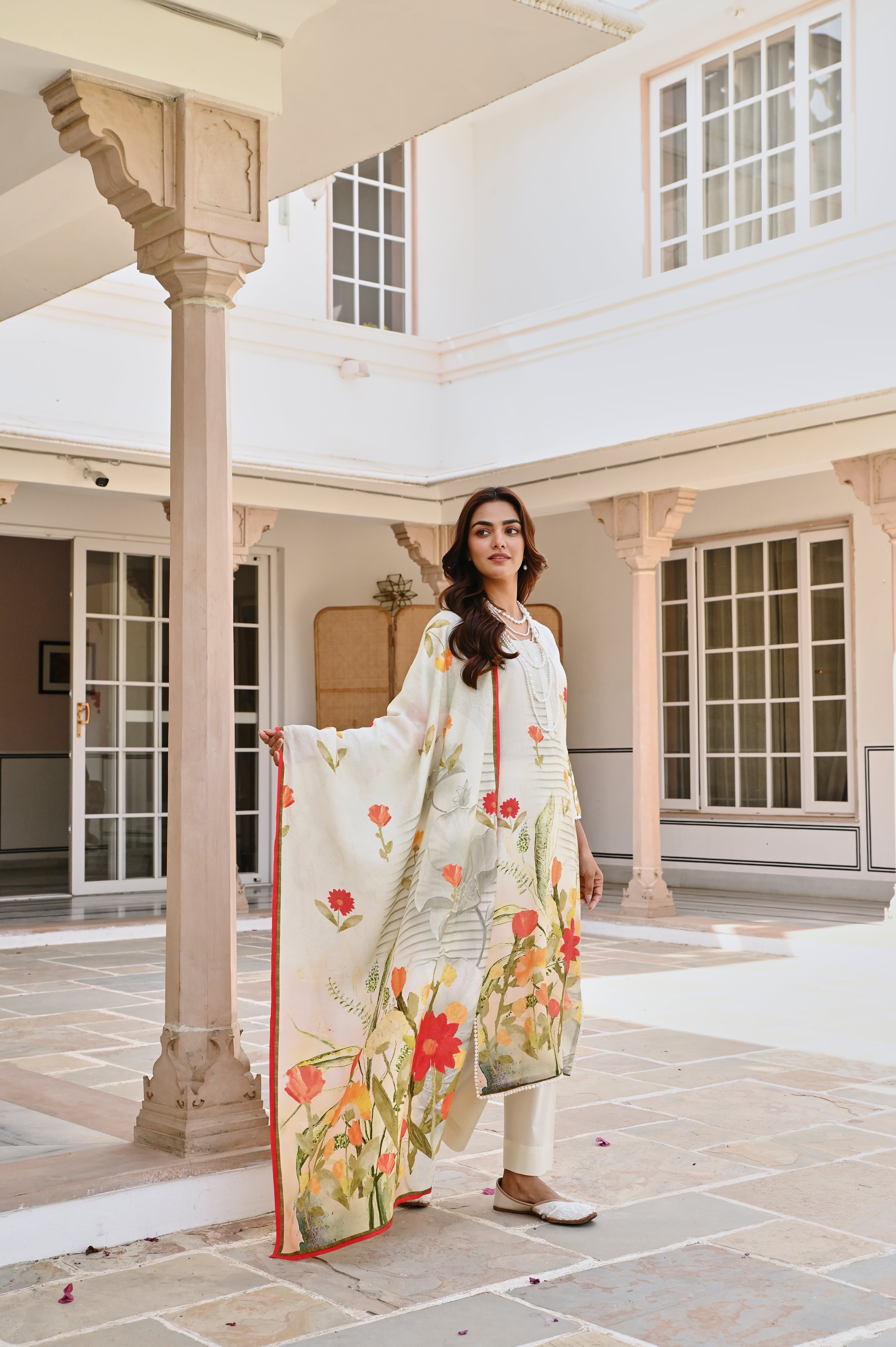 CREAM FLORAL PRINTED KURTA SET