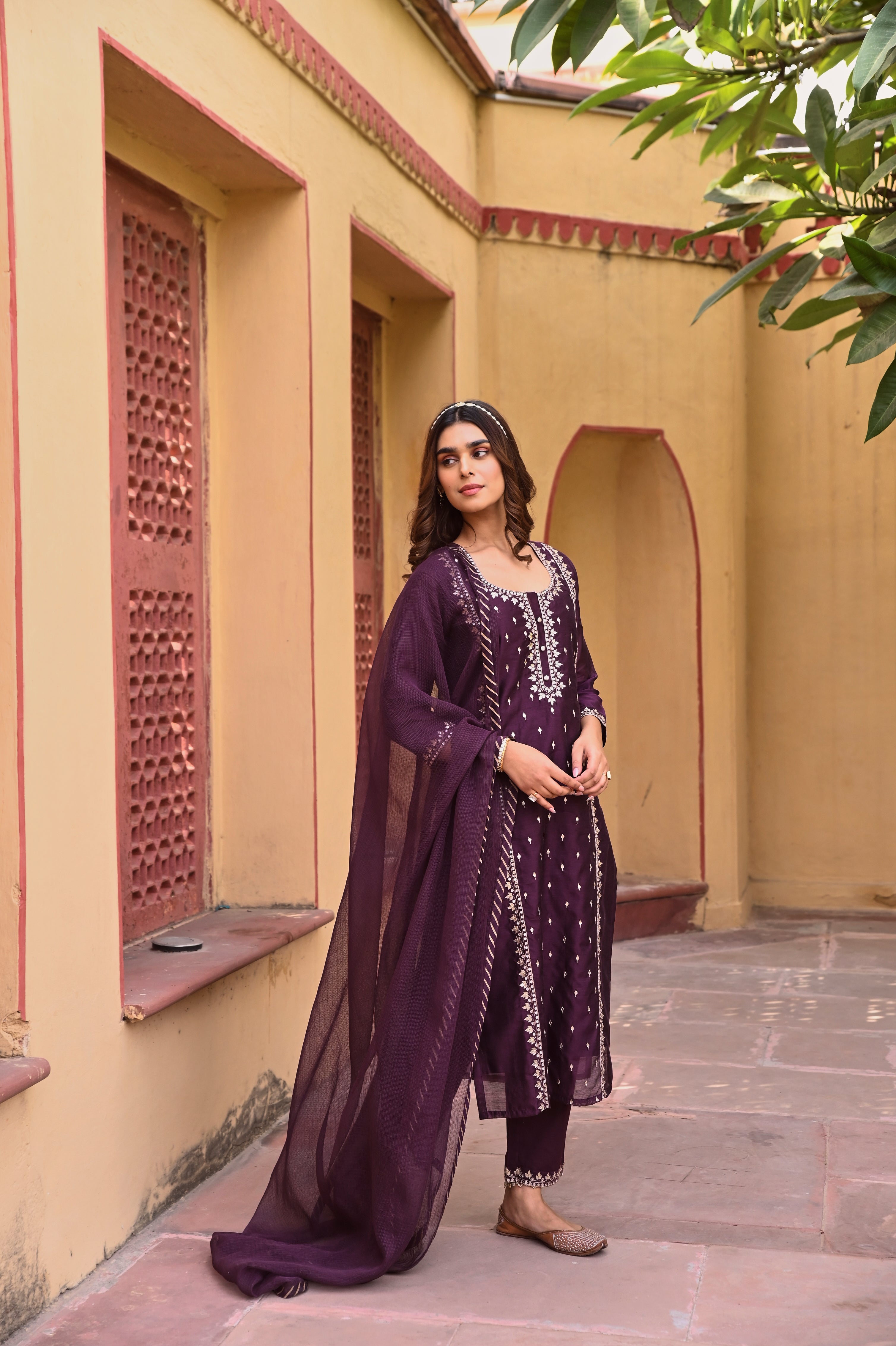 DEEP PURPLE CHANDERI KURTA SET