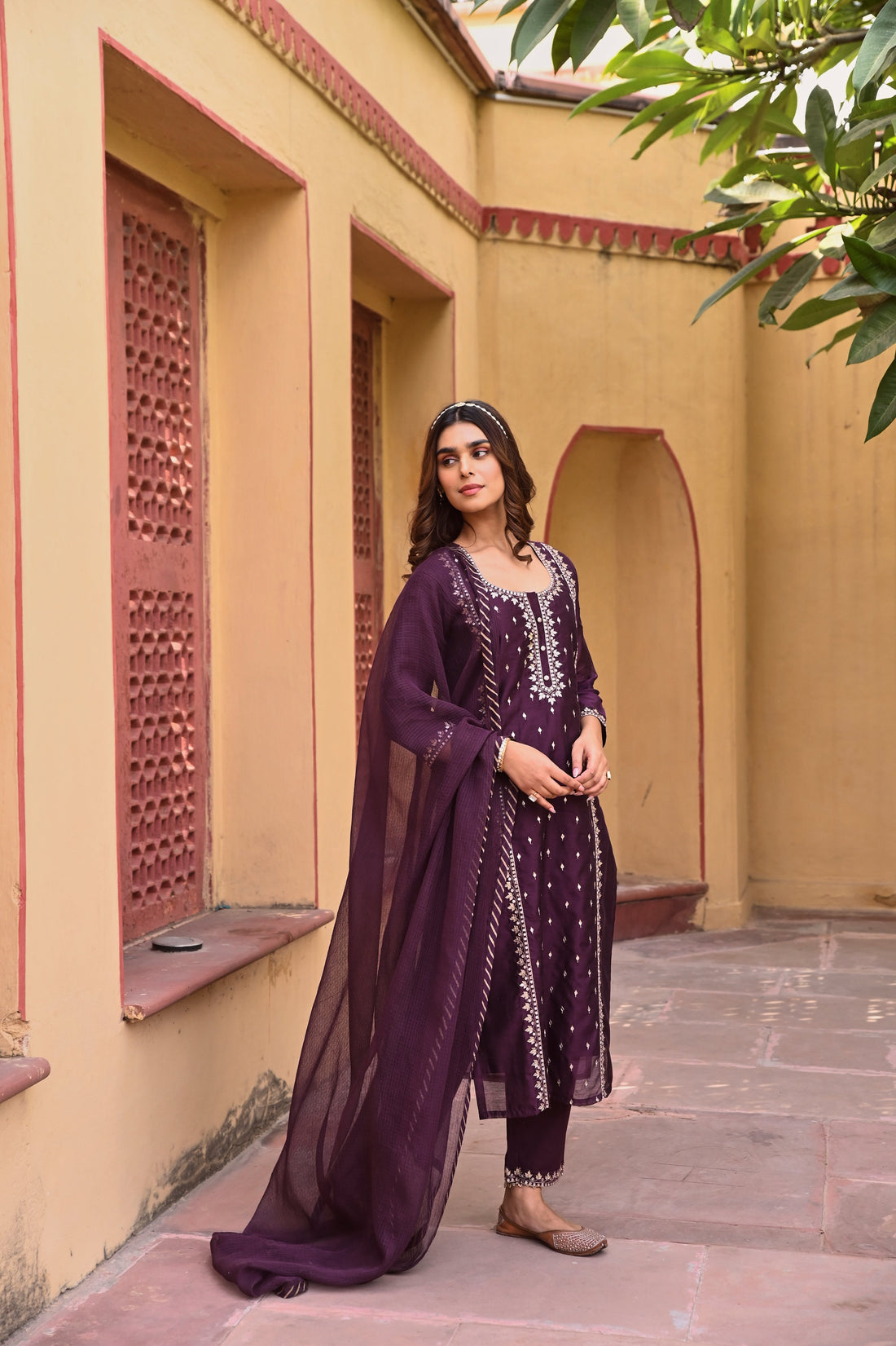 DEEP PURPLE CHANDERI KURTA SET
