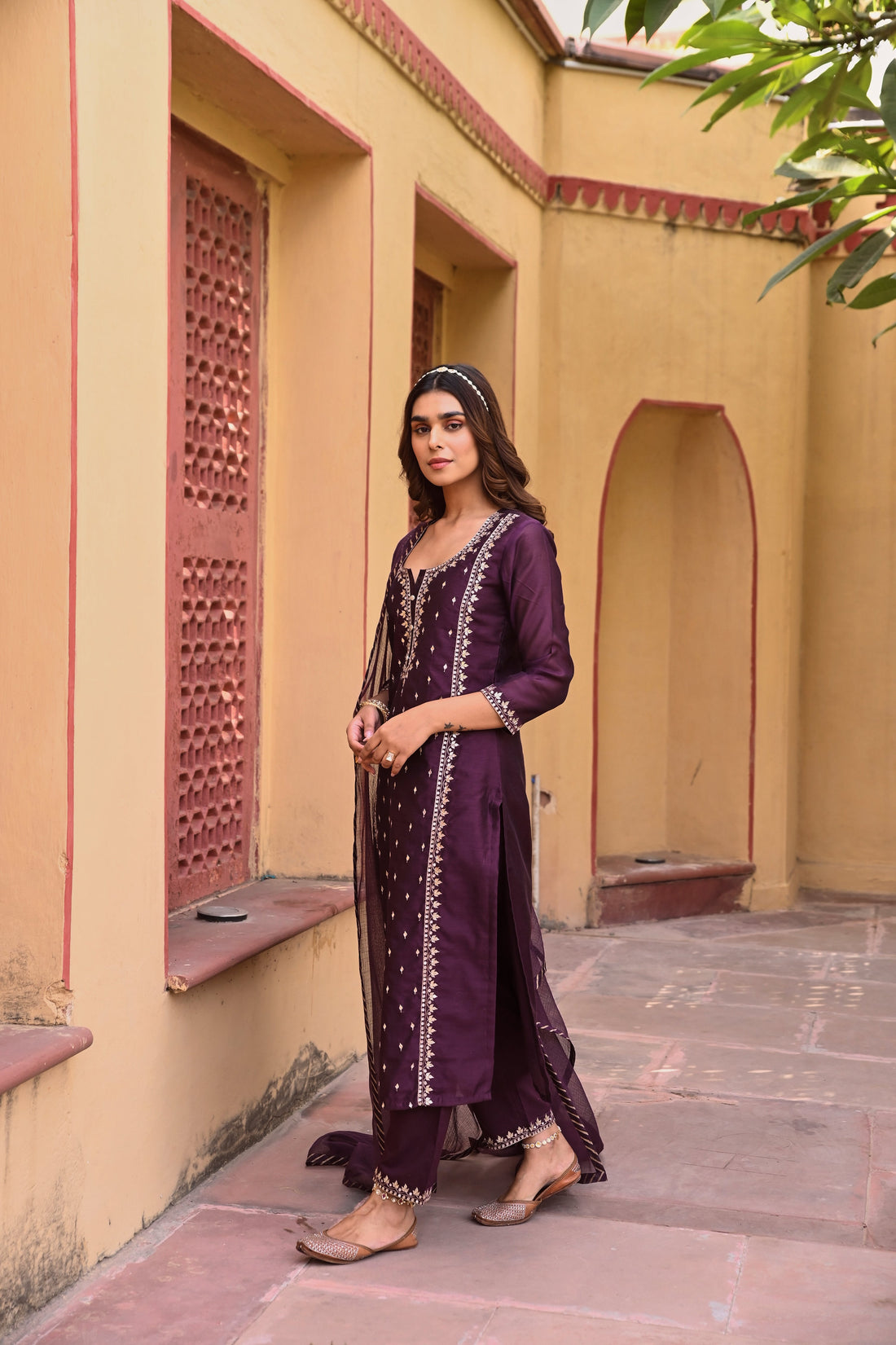 DEEP PURPLE CHANDERI KURTA SET