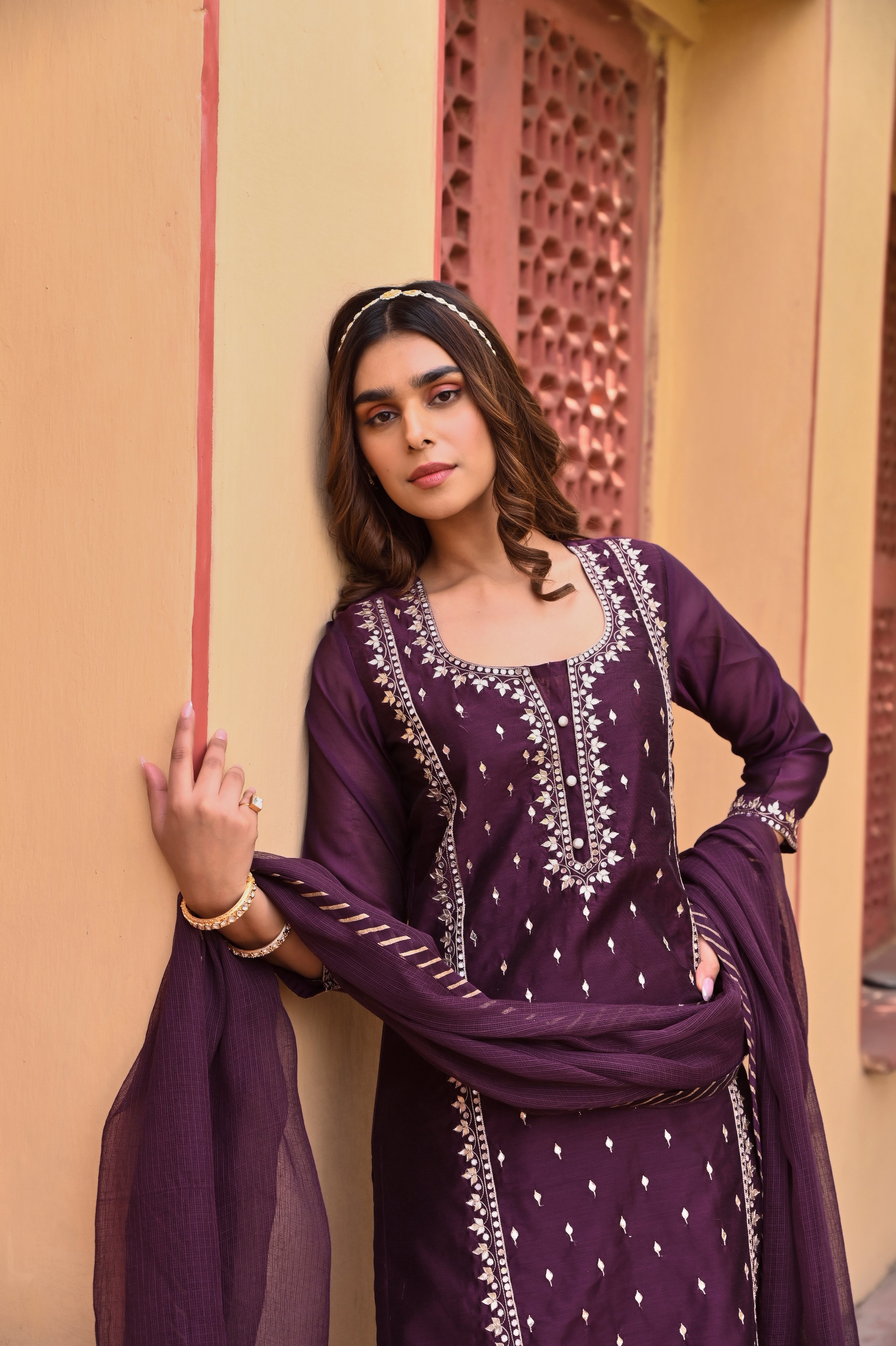 DEEP PURPLE CHANDERI KURTA SET