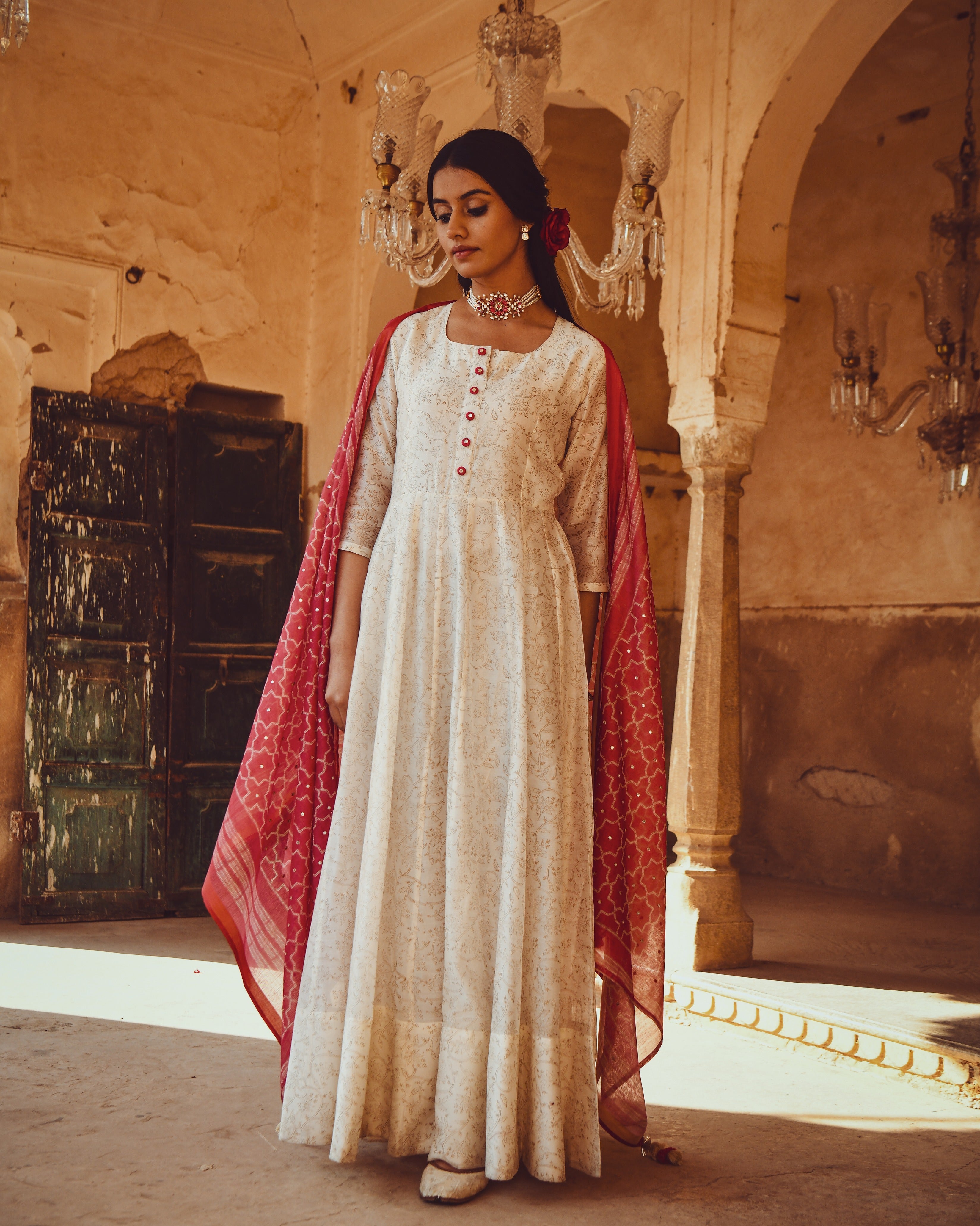 JASHN  PRINTED ANARKALI DRESS WITH MIRROR WORK DUPATTA