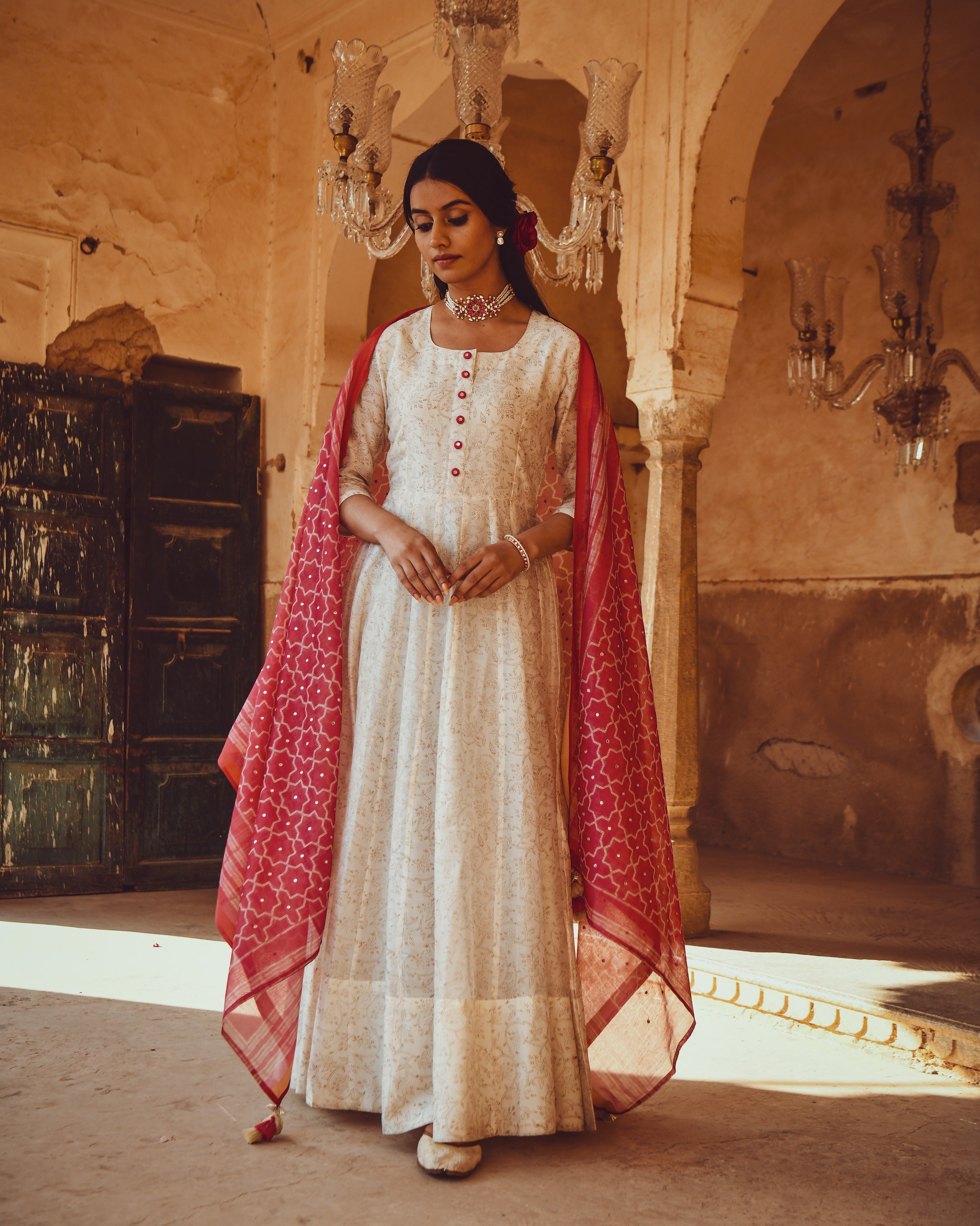 JASHN  PRINTED ANARKALI DRESS WITH MIRROR WORK DUPATTA