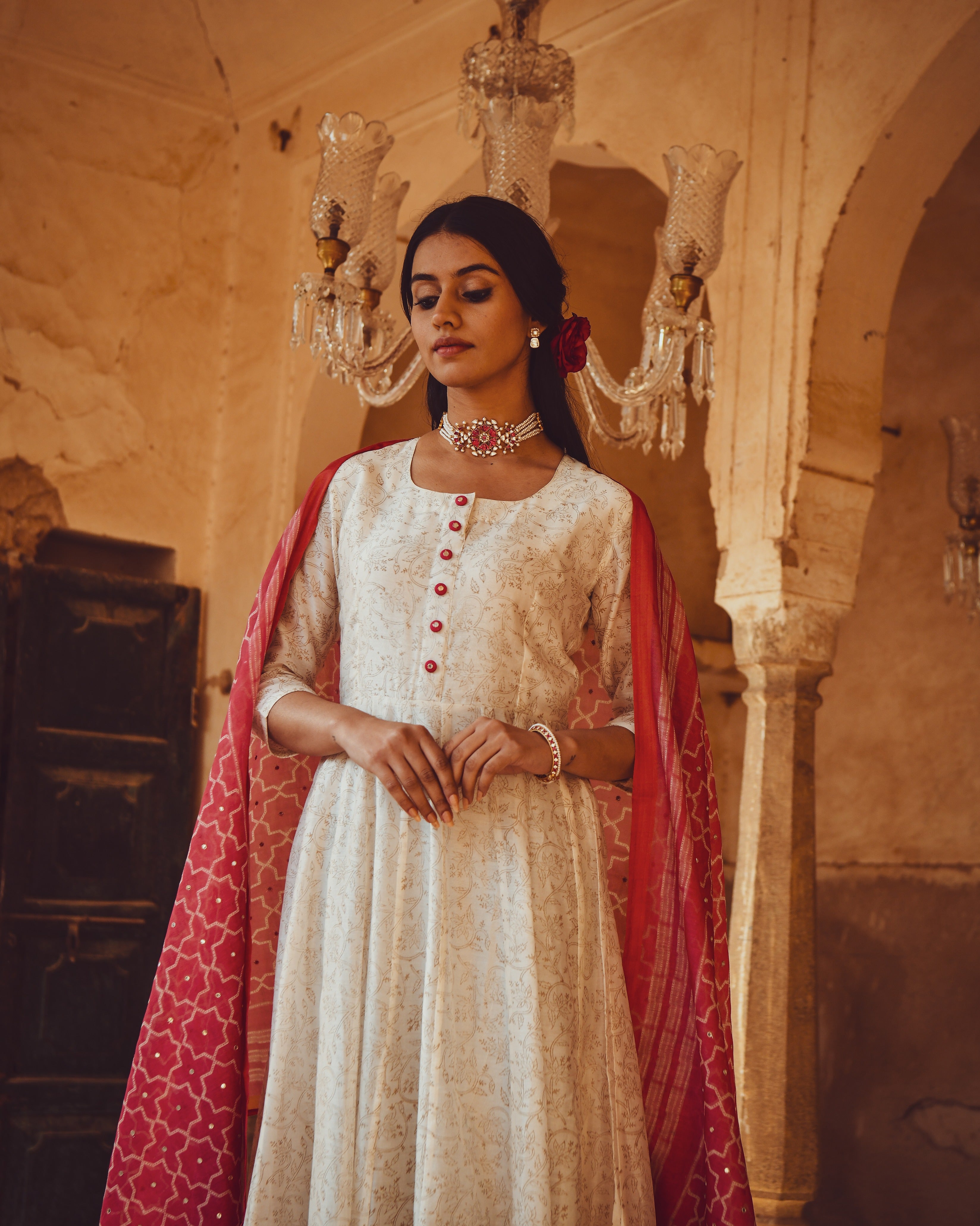 JASHN  PRINTED ANARKALI DRESS WITH MIRROR WORK DUPATTA