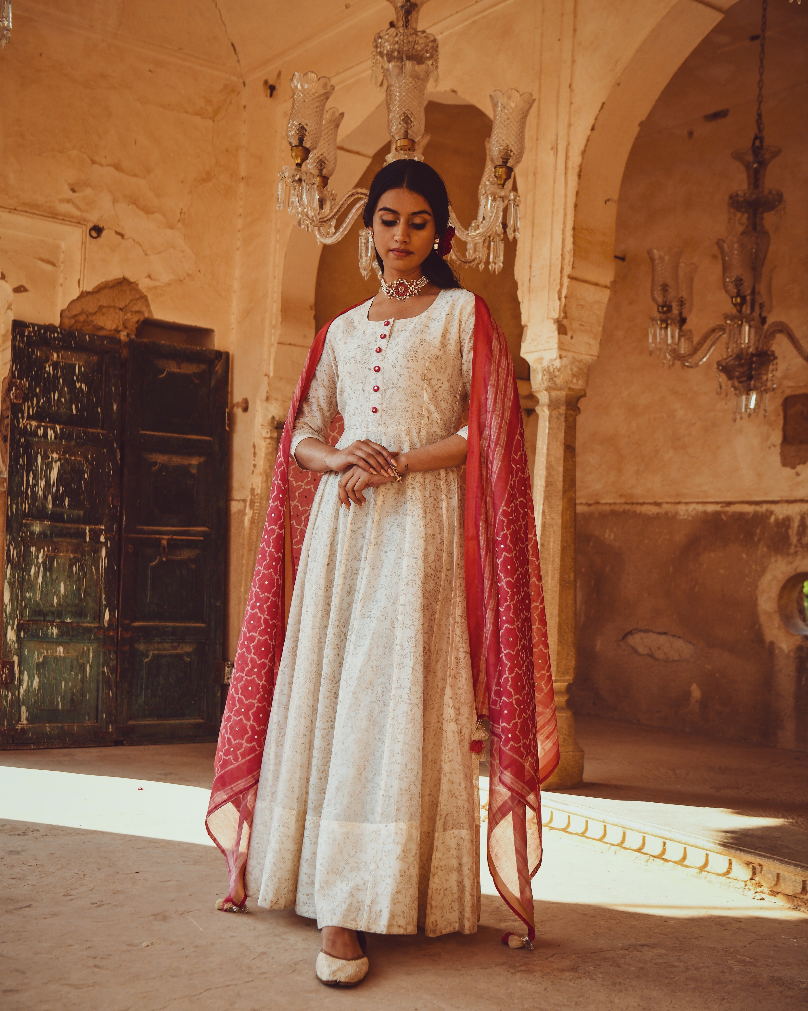 JASHN  PRINTED ANARKALI DRESS WITH MIRROR WORK DUPATTA