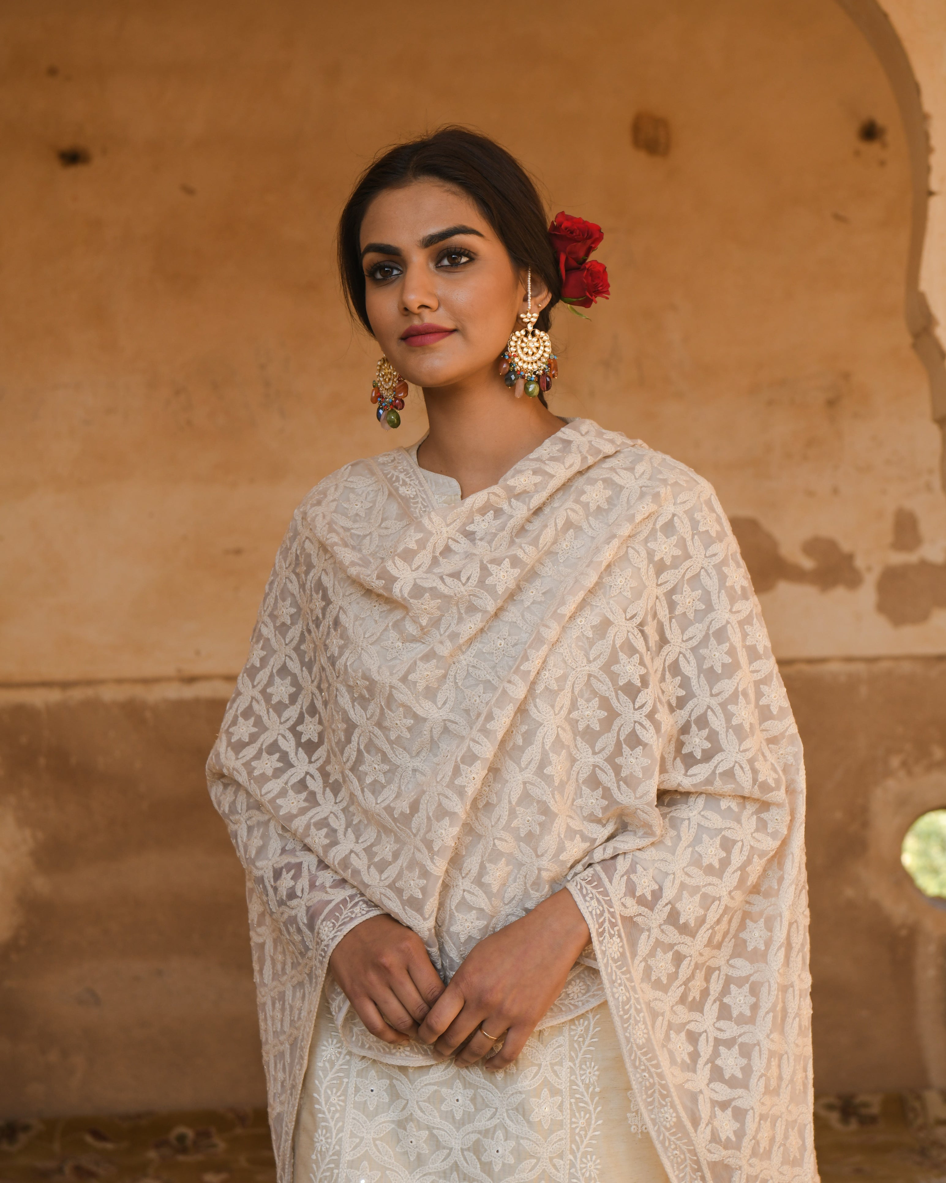 CREAM NAZAM KURTA SET WITH CHIFFON DUPATTA