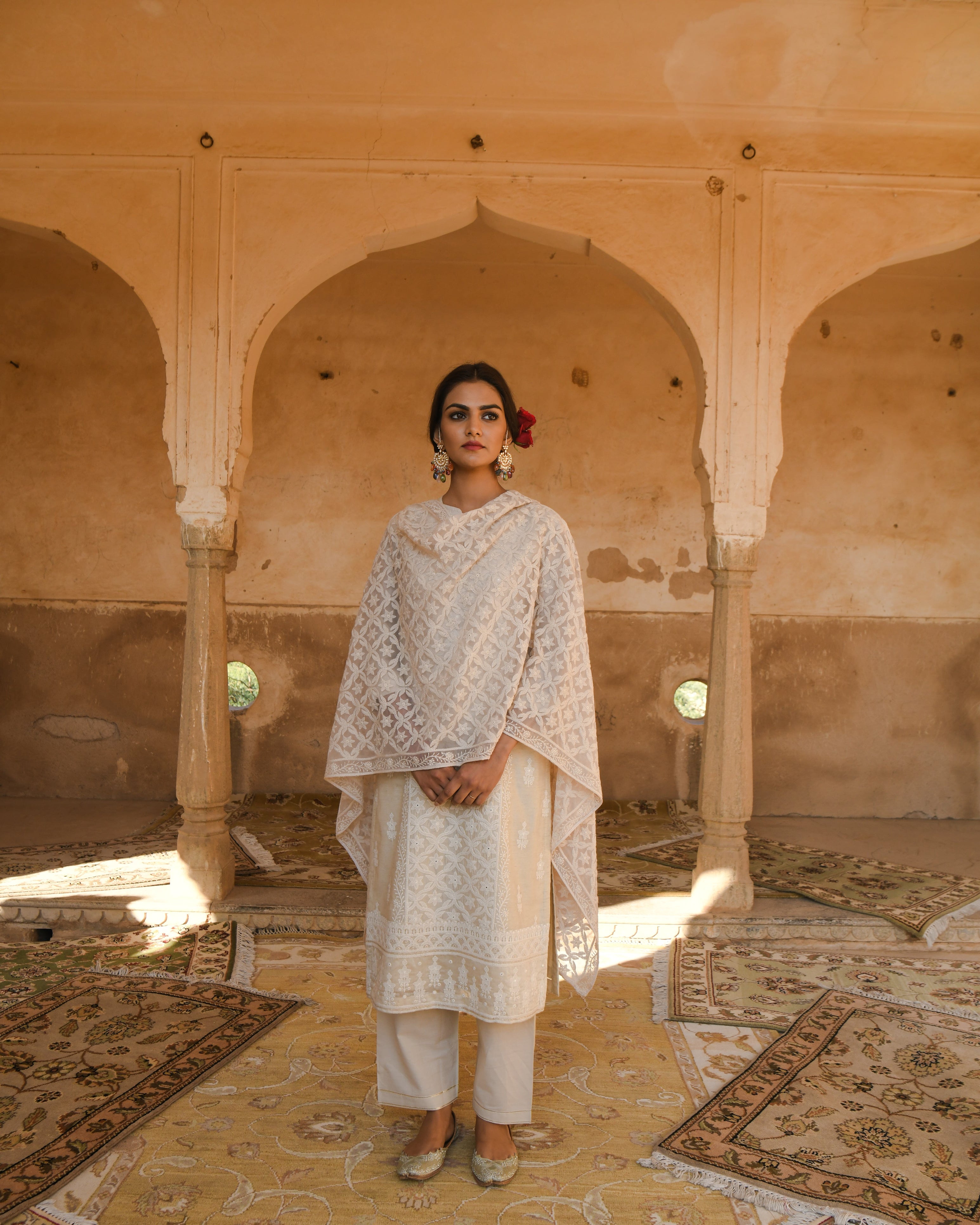 CREAM NAZAM KURTA SET WITH CHIFFON DUPATTA