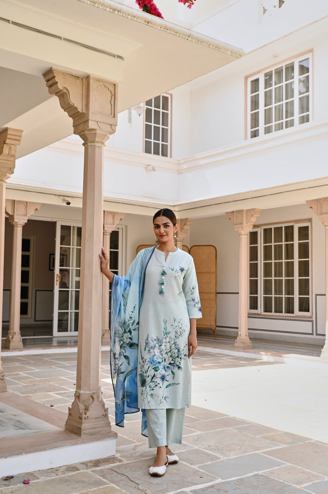BLUE HANDLOOM COTTON KURTA SET