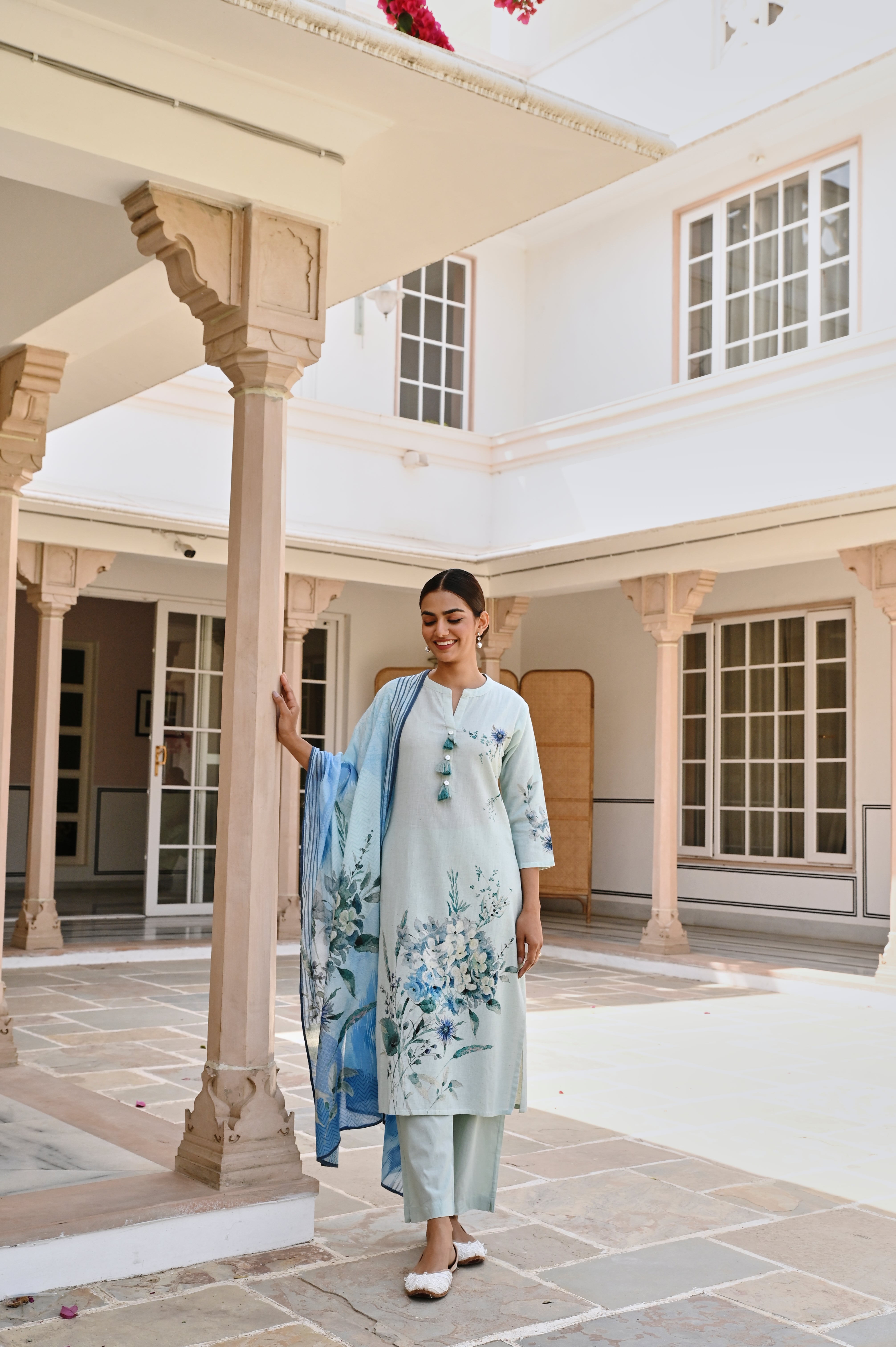 BLUE HANDLOOM COTTON KURTA SET