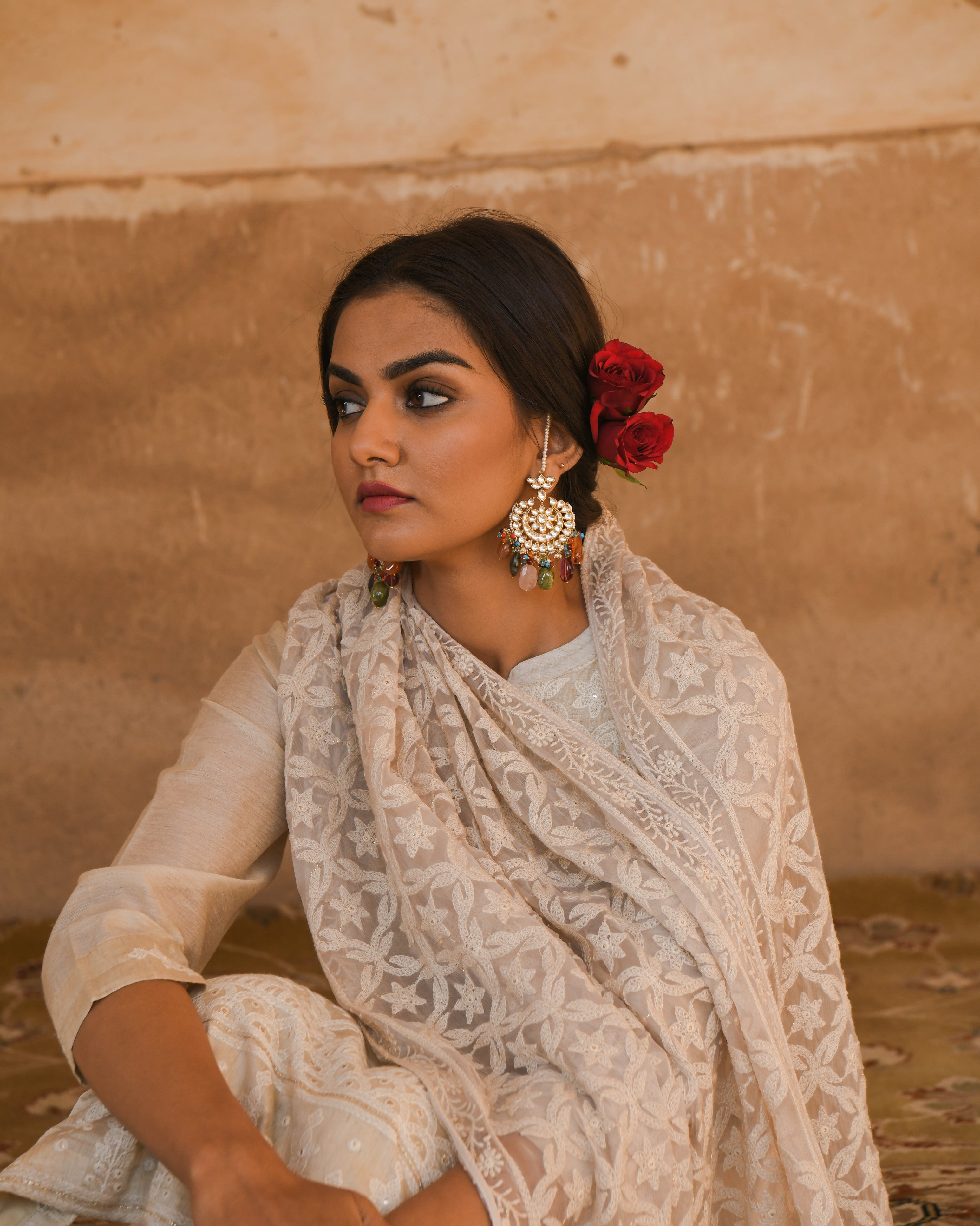 CREAM NAZAM KURTA SET WITH CHIFFON DUPATTA
