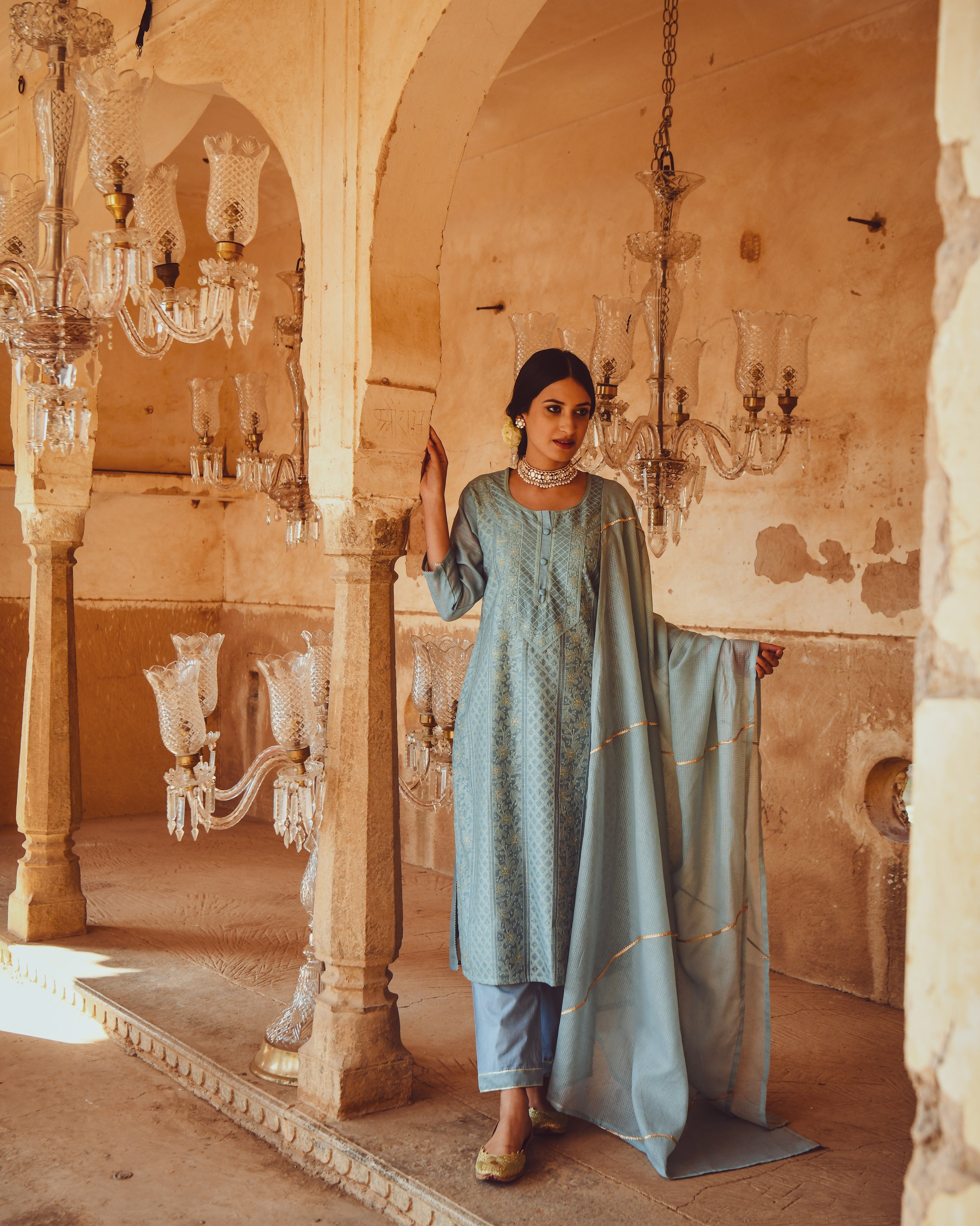 JASHN POWDER BLUE CHIKANKARI EMBROIDERED KURTA SET