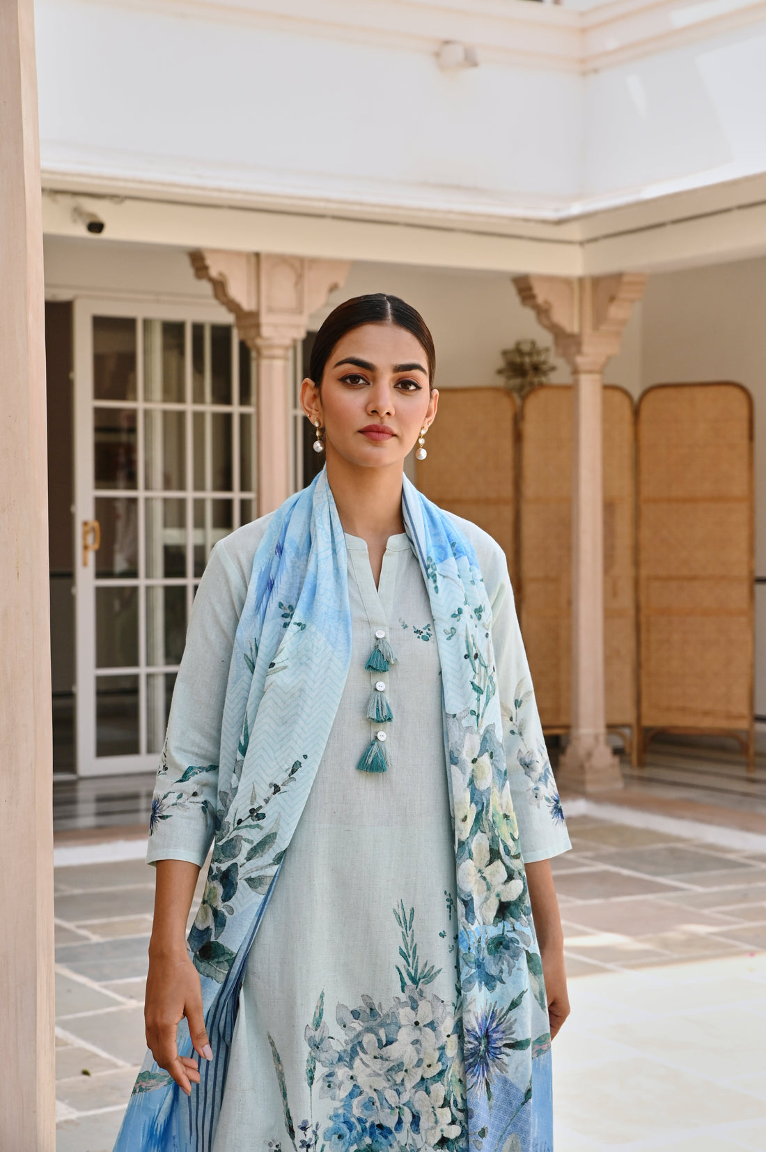 BLUE HANDLOOM COTTON KURTA SET