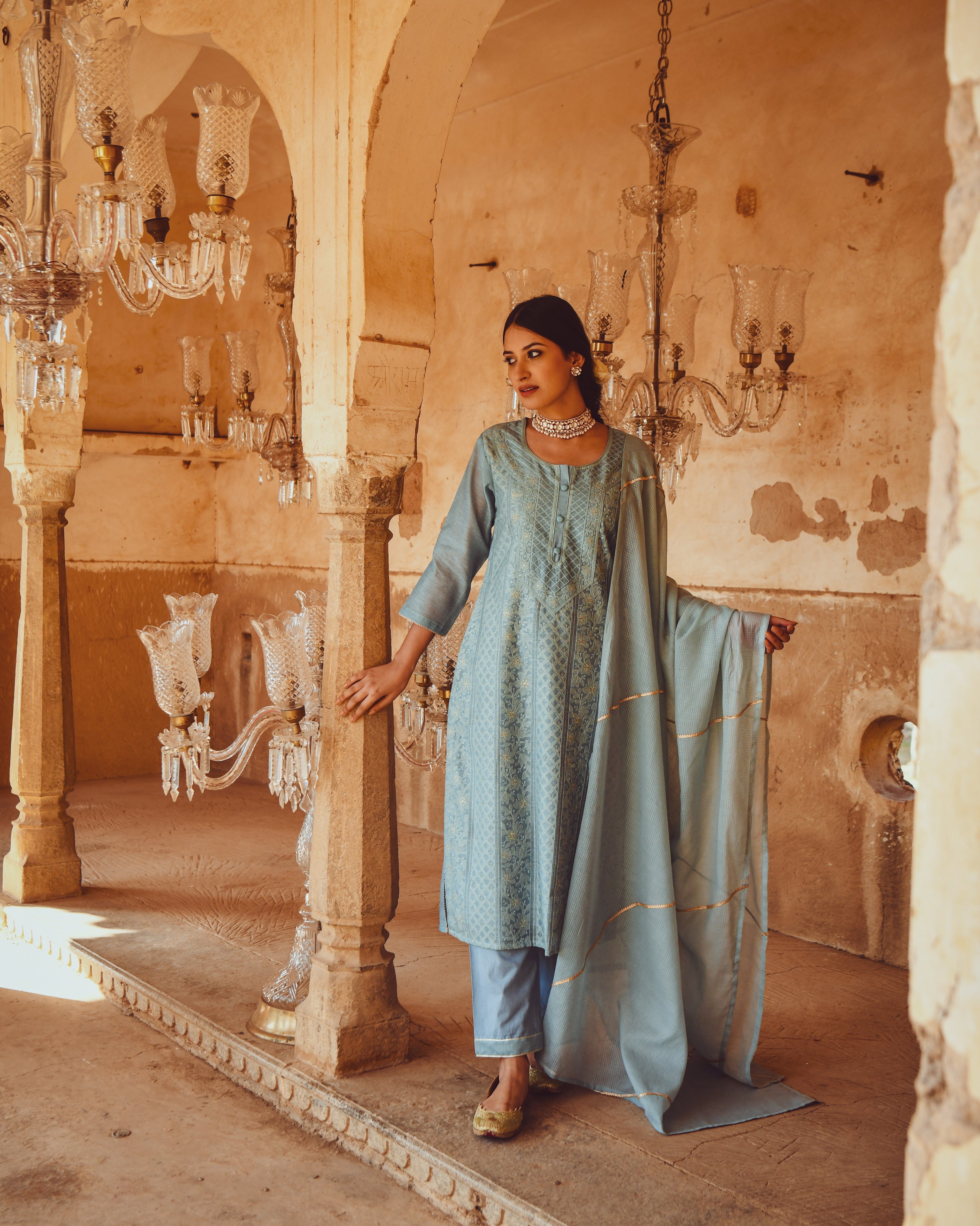 JASHN POWDER BLUE CHIKANKARI EMBROIDERED KURTA SET