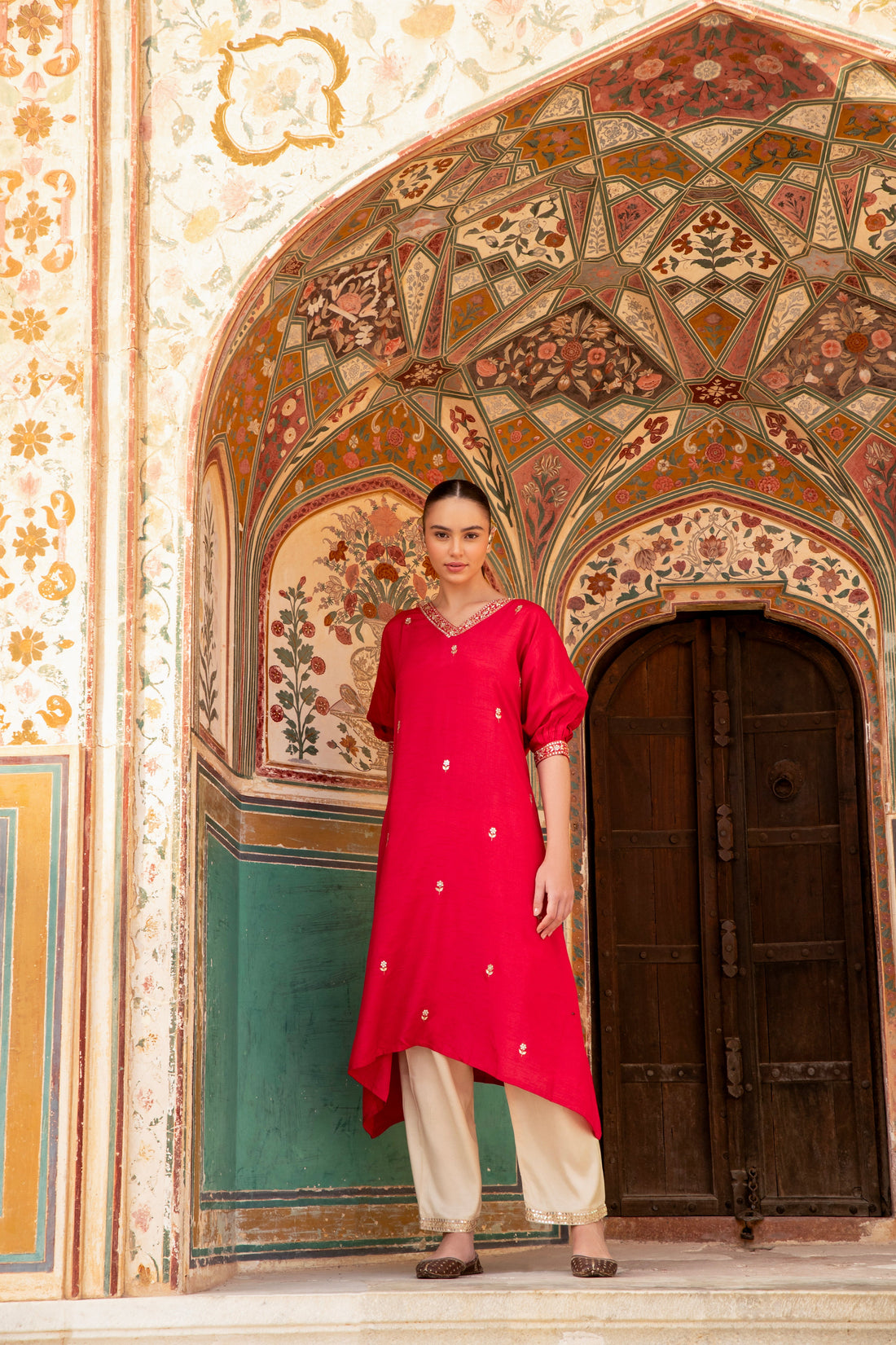 CHERRY RED NECK EMBROIDERED A-LINE KURTA SET