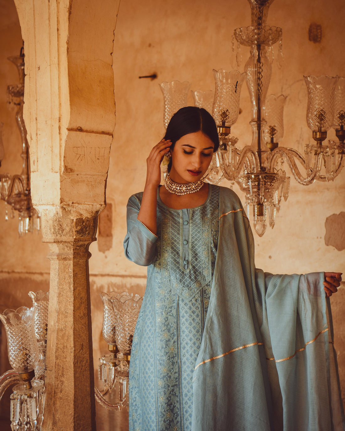JASHN POWDER BLUE CHIKANKARI EMBROIDERED KURTA SET