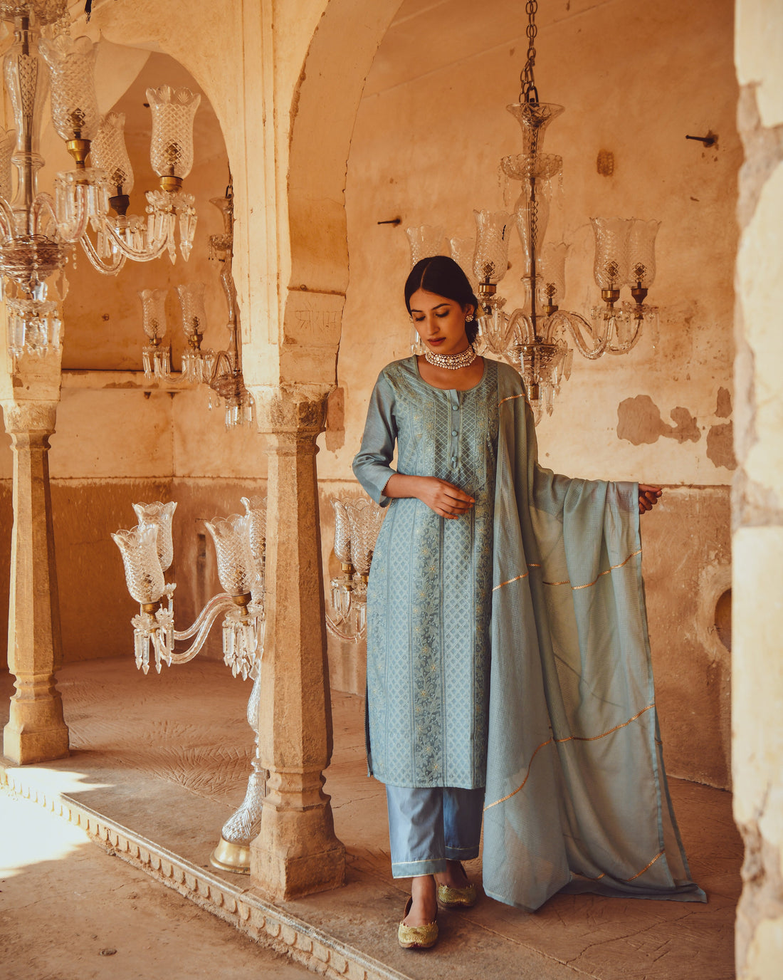 JASHN POWDER BLUE CHIKANKARI EMBROIDERED KURTA SET