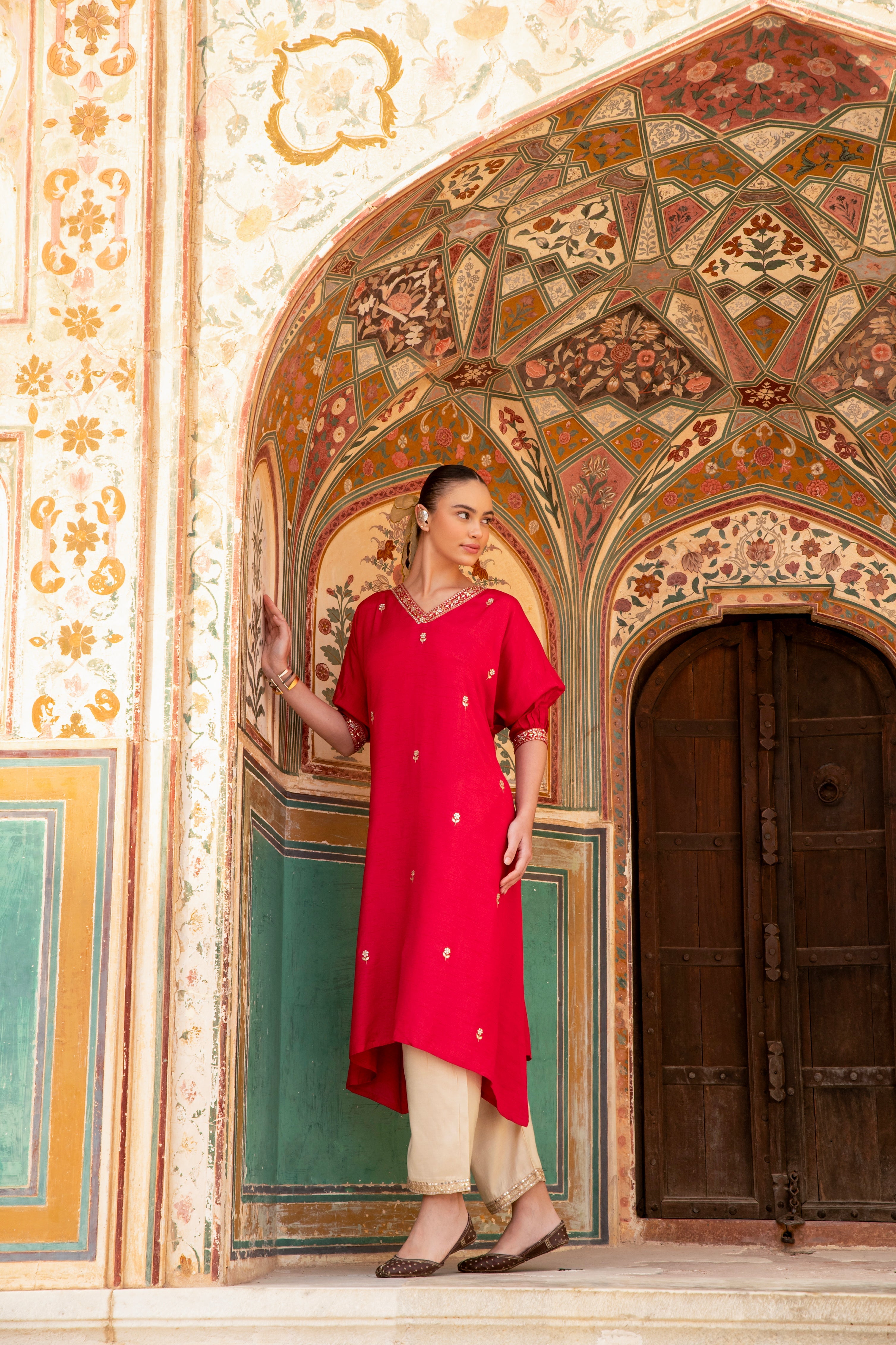 CHERRY RED NECK EMBROIDERED A-LINE KURTA SET