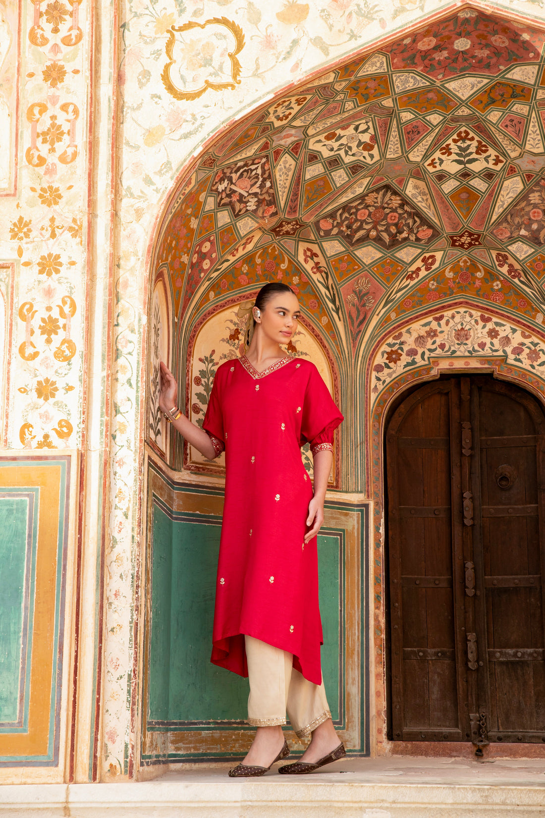 CHERRY RED NECK EMBROIDERED A-LINE KURTA SET