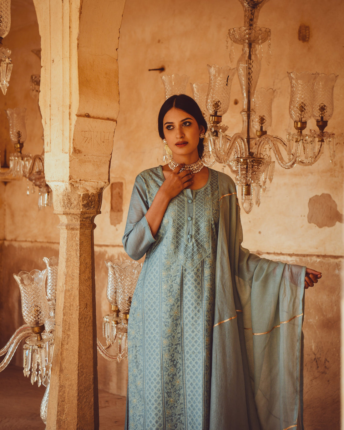 JASHN POWDER BLUE CHIKANKARI EMBROIDERED KURTA SET
