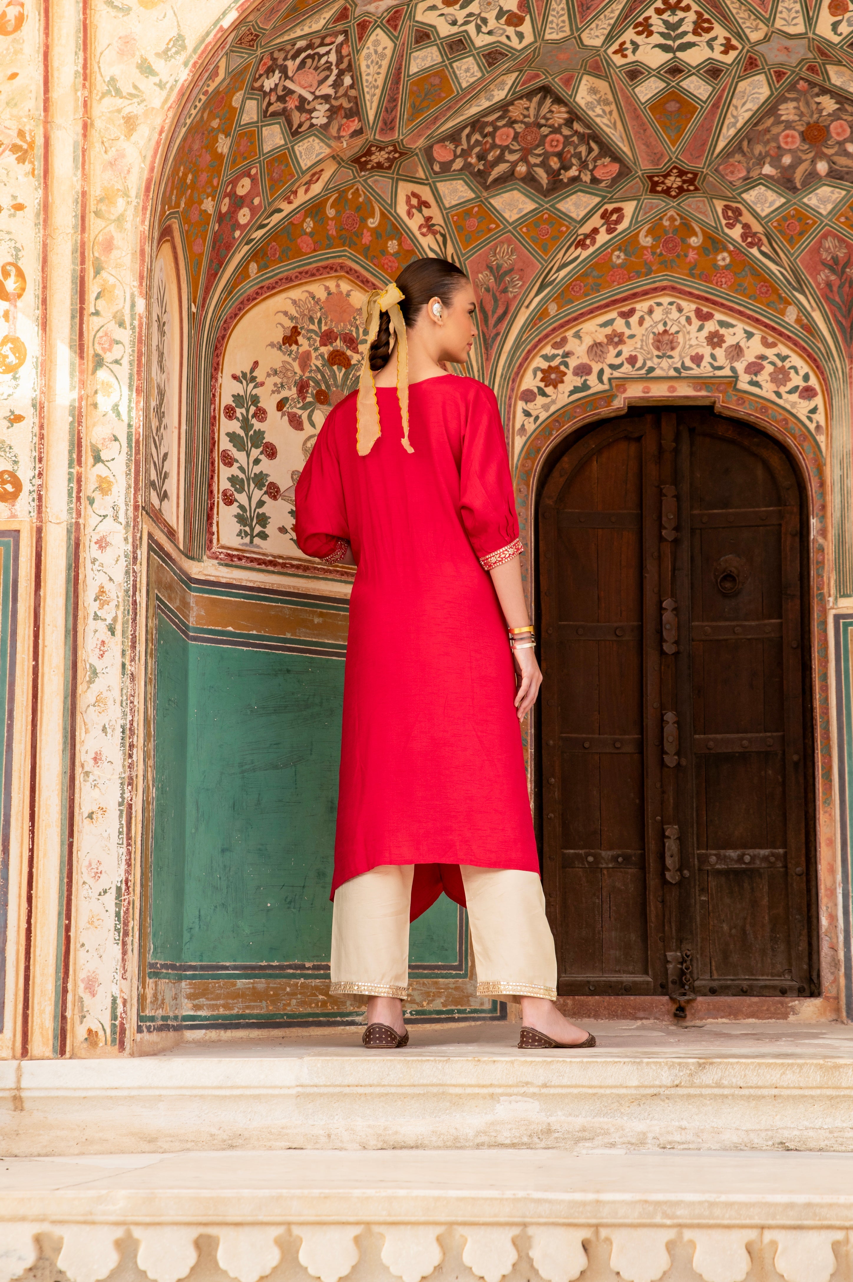 CHERRY RED NECK EMBROIDERED A-LINE KURTA SET