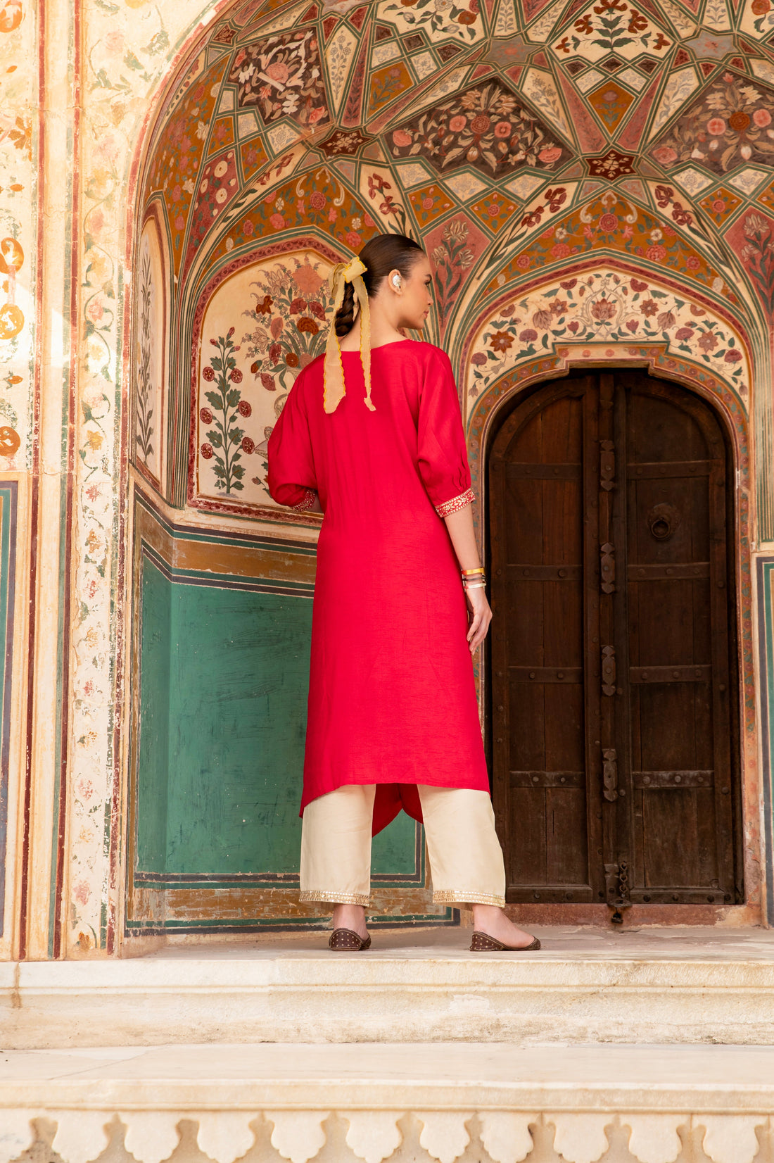 CHERRY RED NECK EMBROIDERED A-LINE KURTA SET