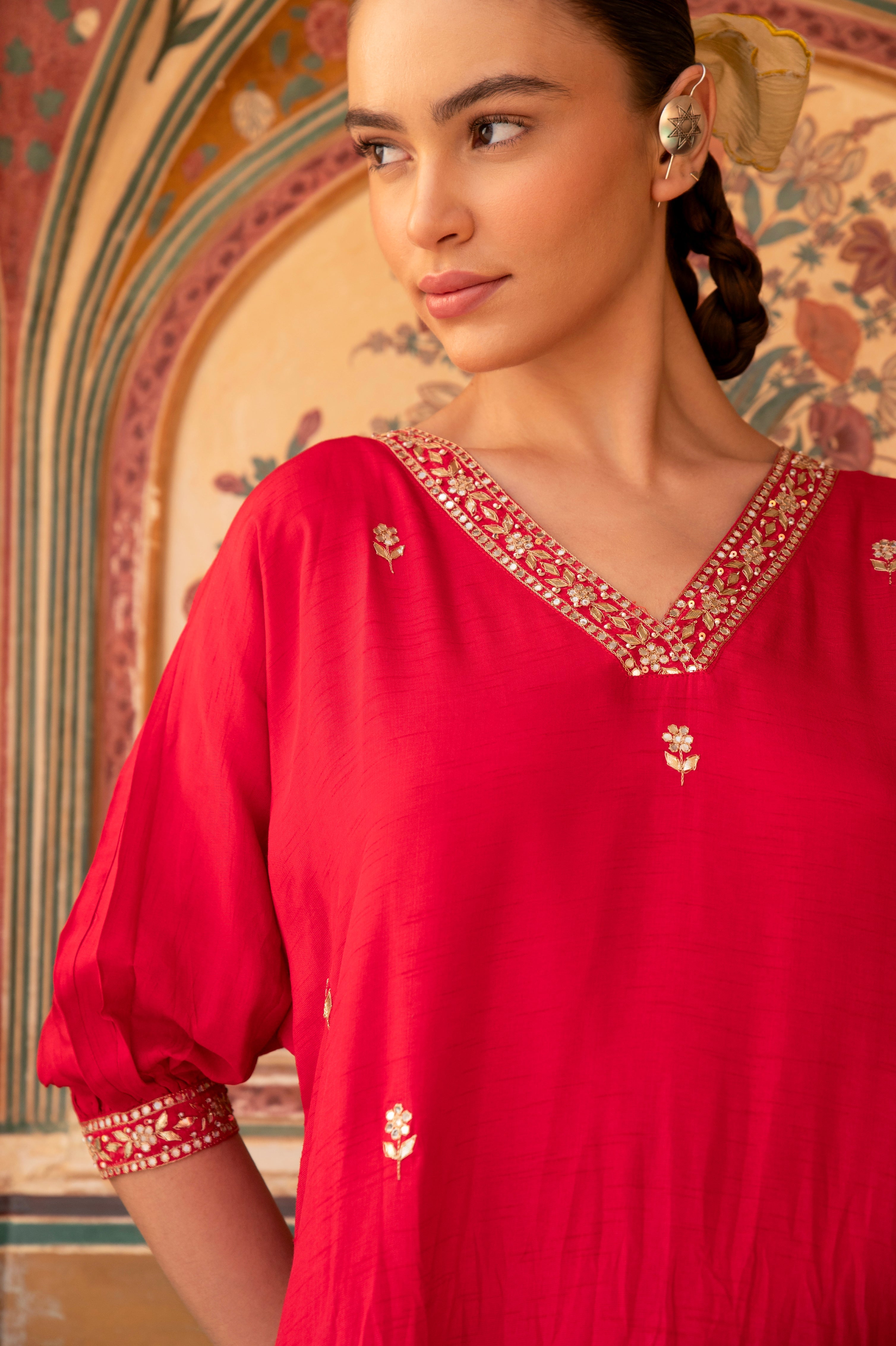 CHERRY RED NECK EMBROIDERED A-LINE KURTA SET