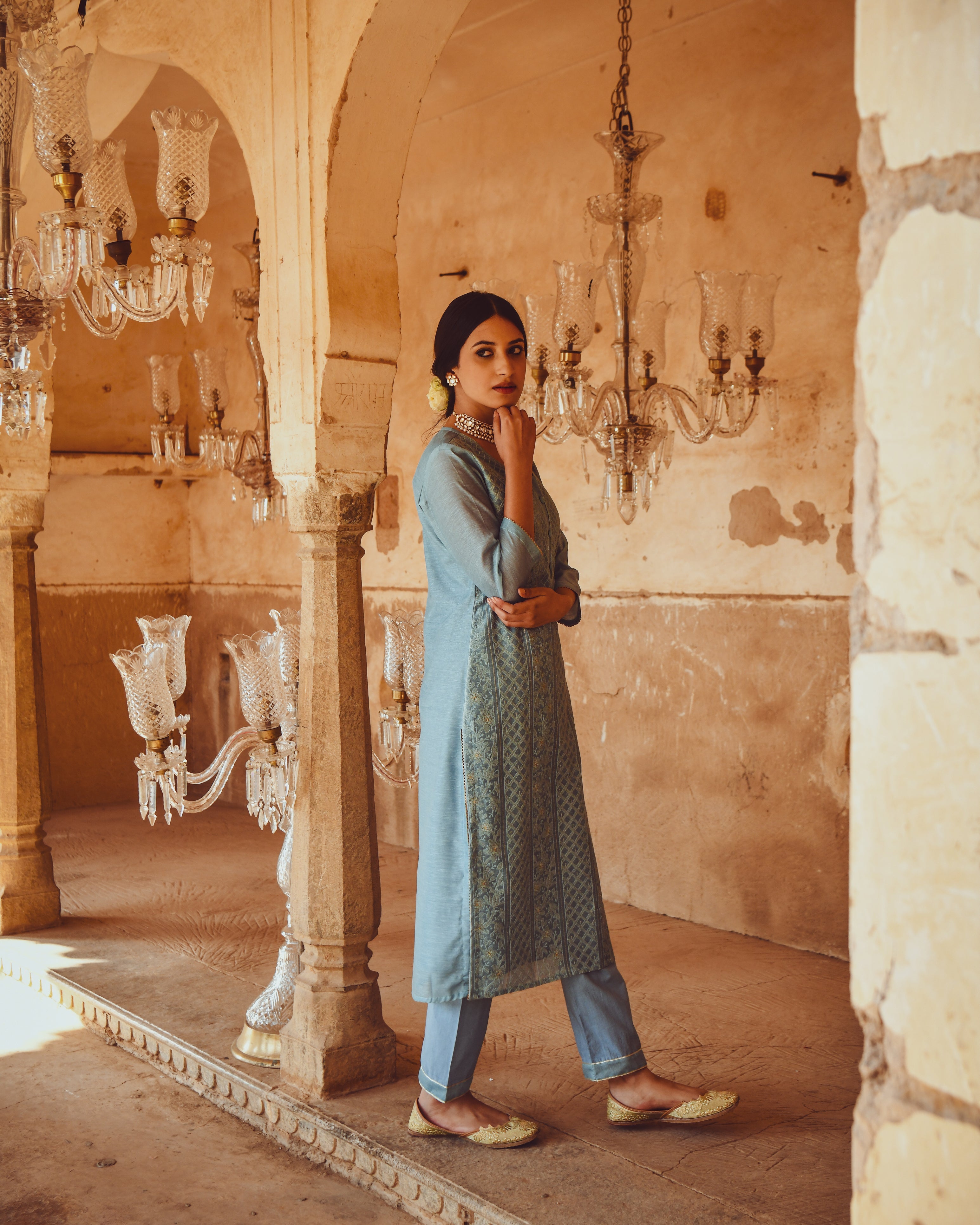JASHN POWDER BLUE CHIKANKARI EMBROIDERED KURTA SET