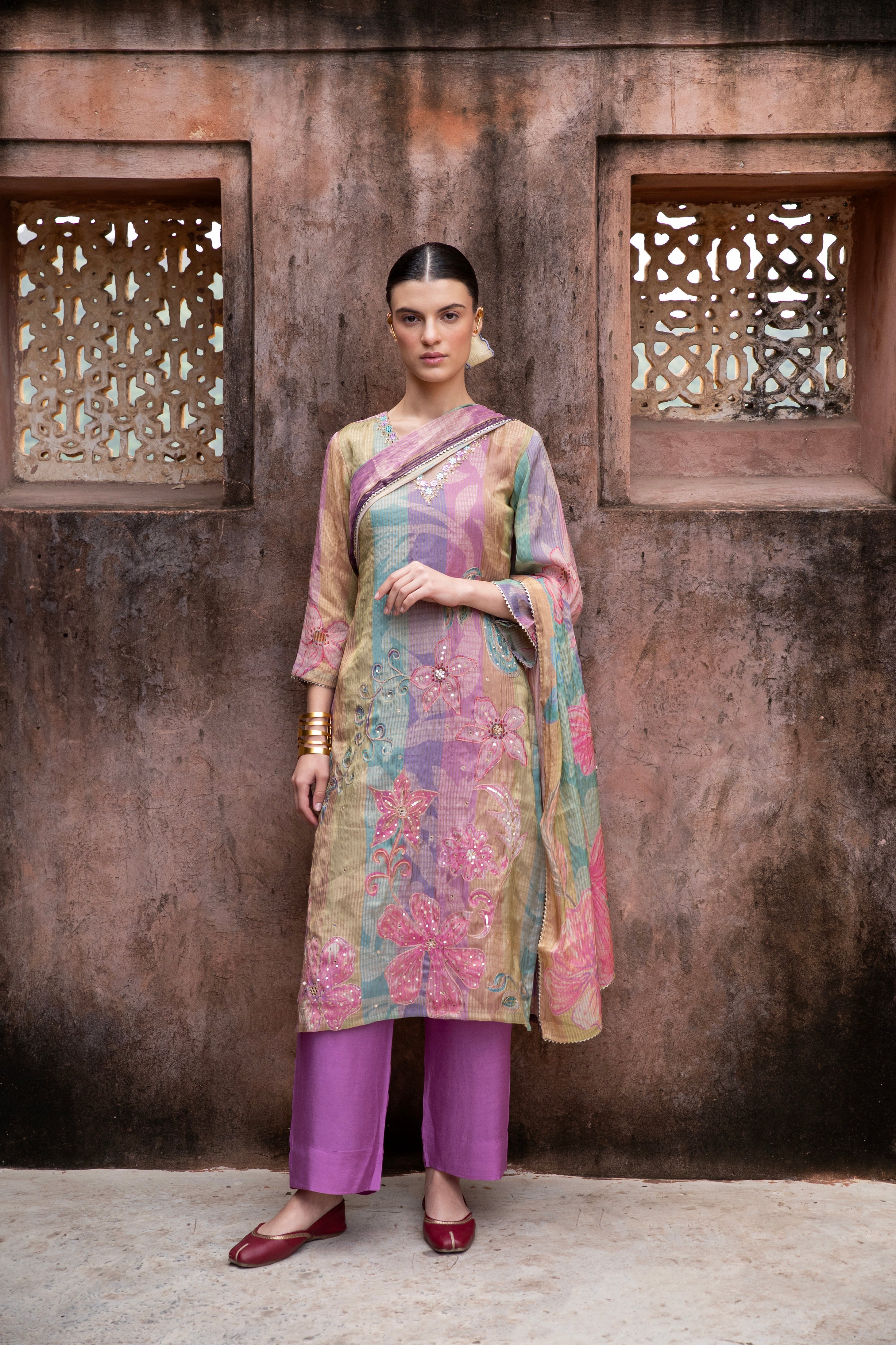 PURE PURPLE PRINTED SHIMMER TABBY KURTA SET