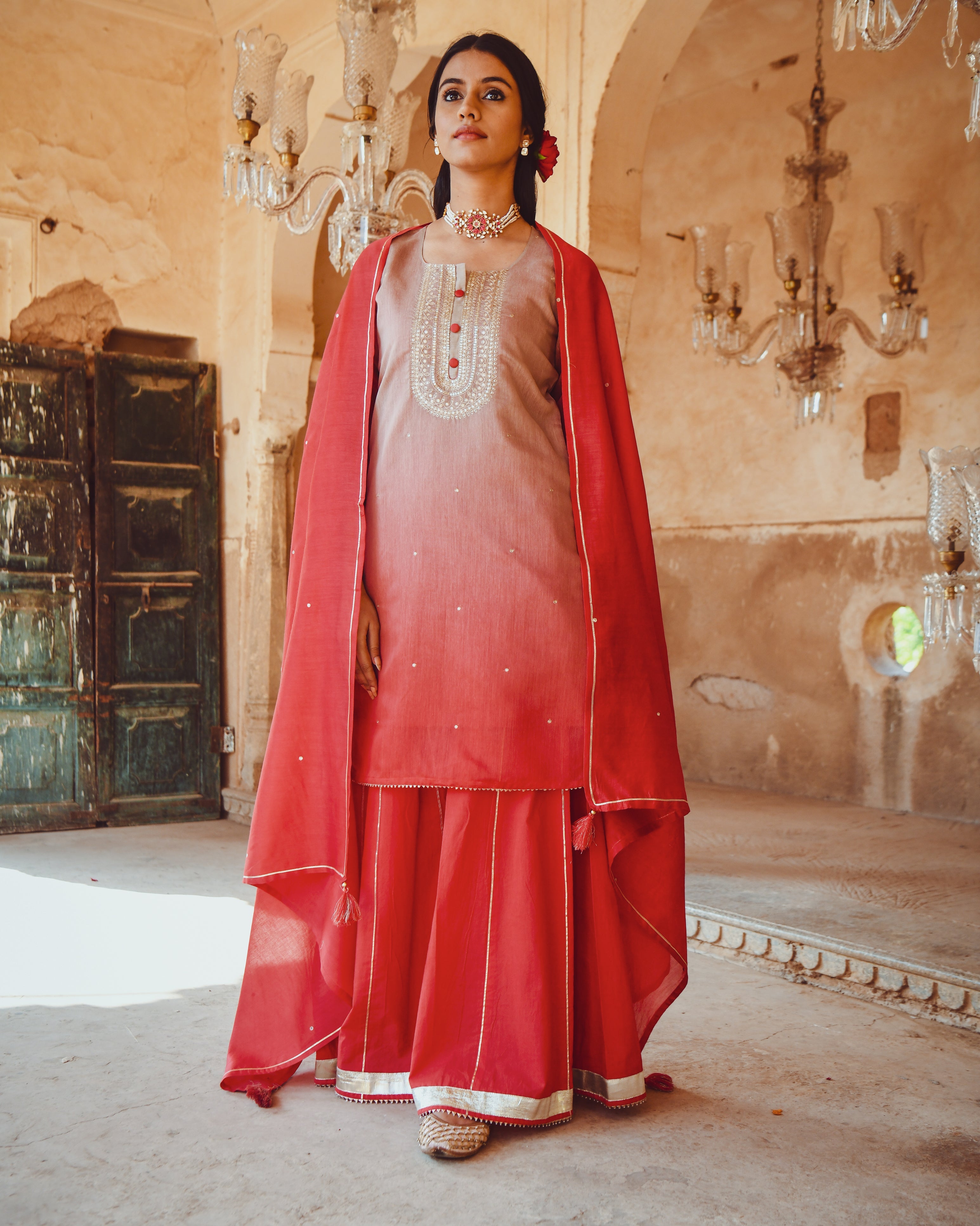 JASHN RED OMBRE SHARARA SET