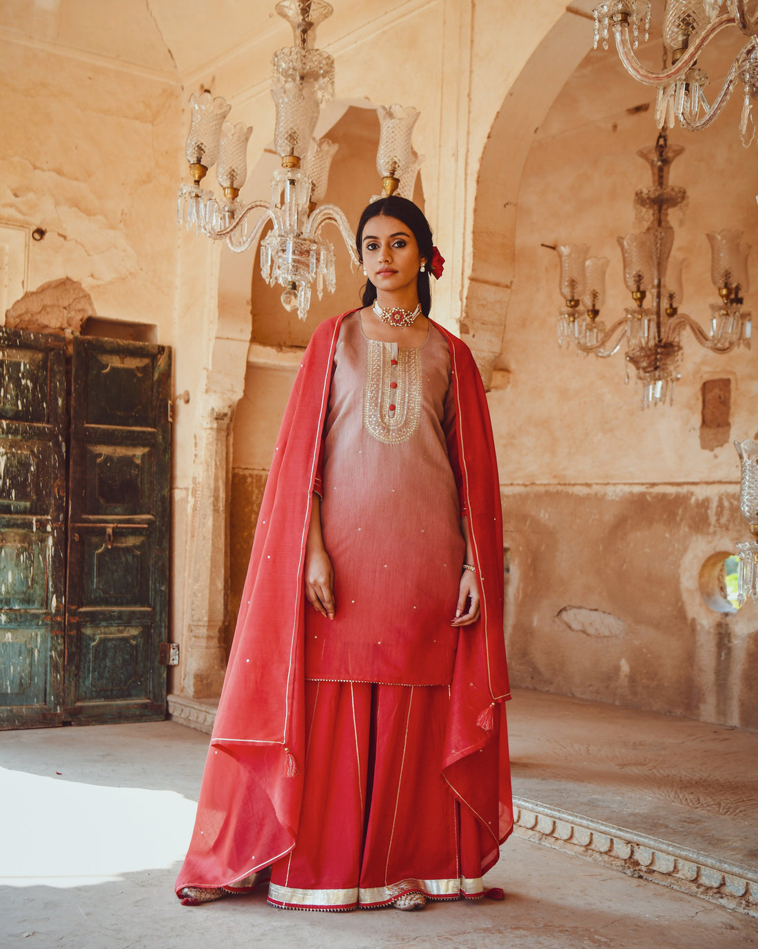JASHN RED OMBRE SHARARA SET