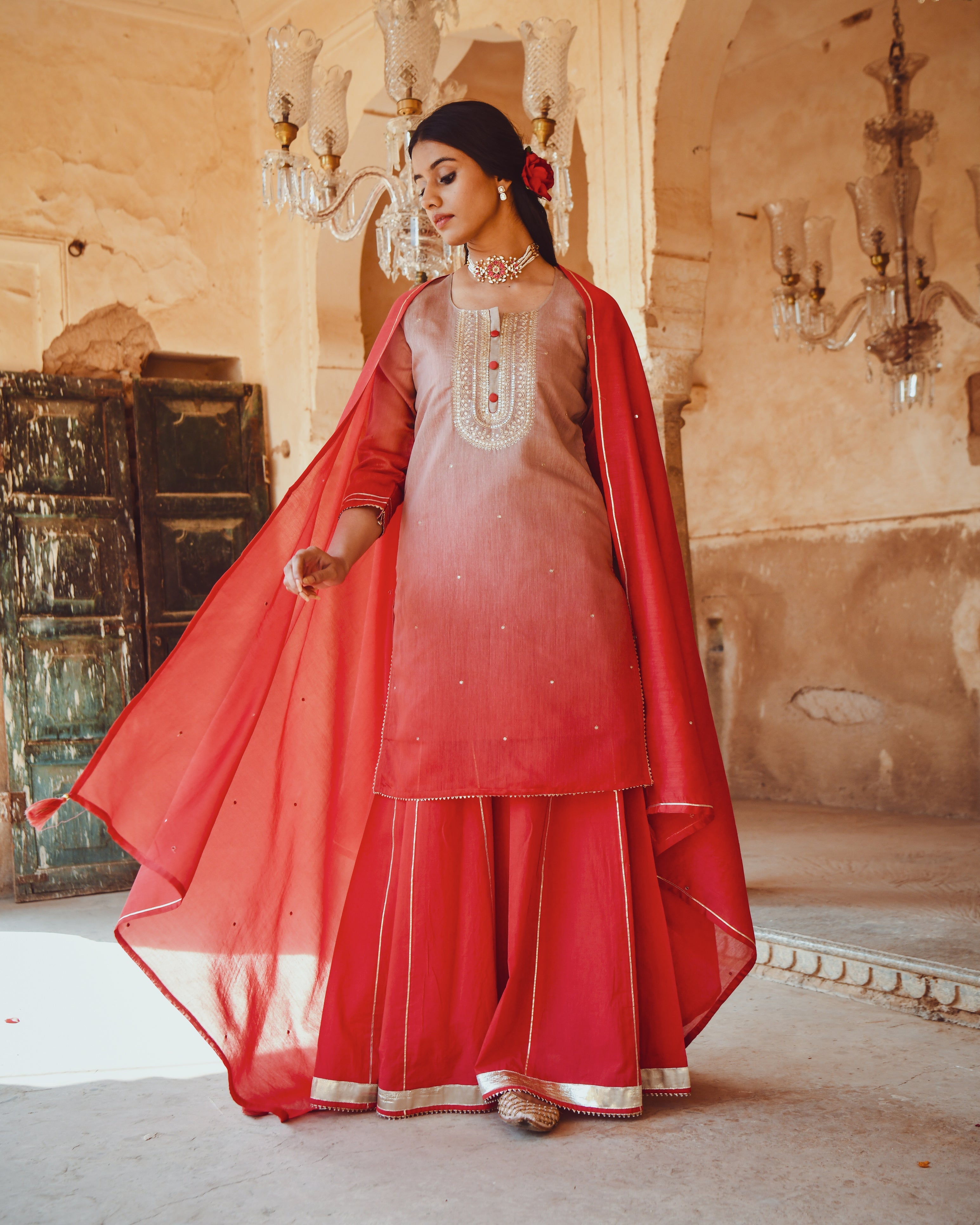 JASHN RED OMBRE SHARARA SET